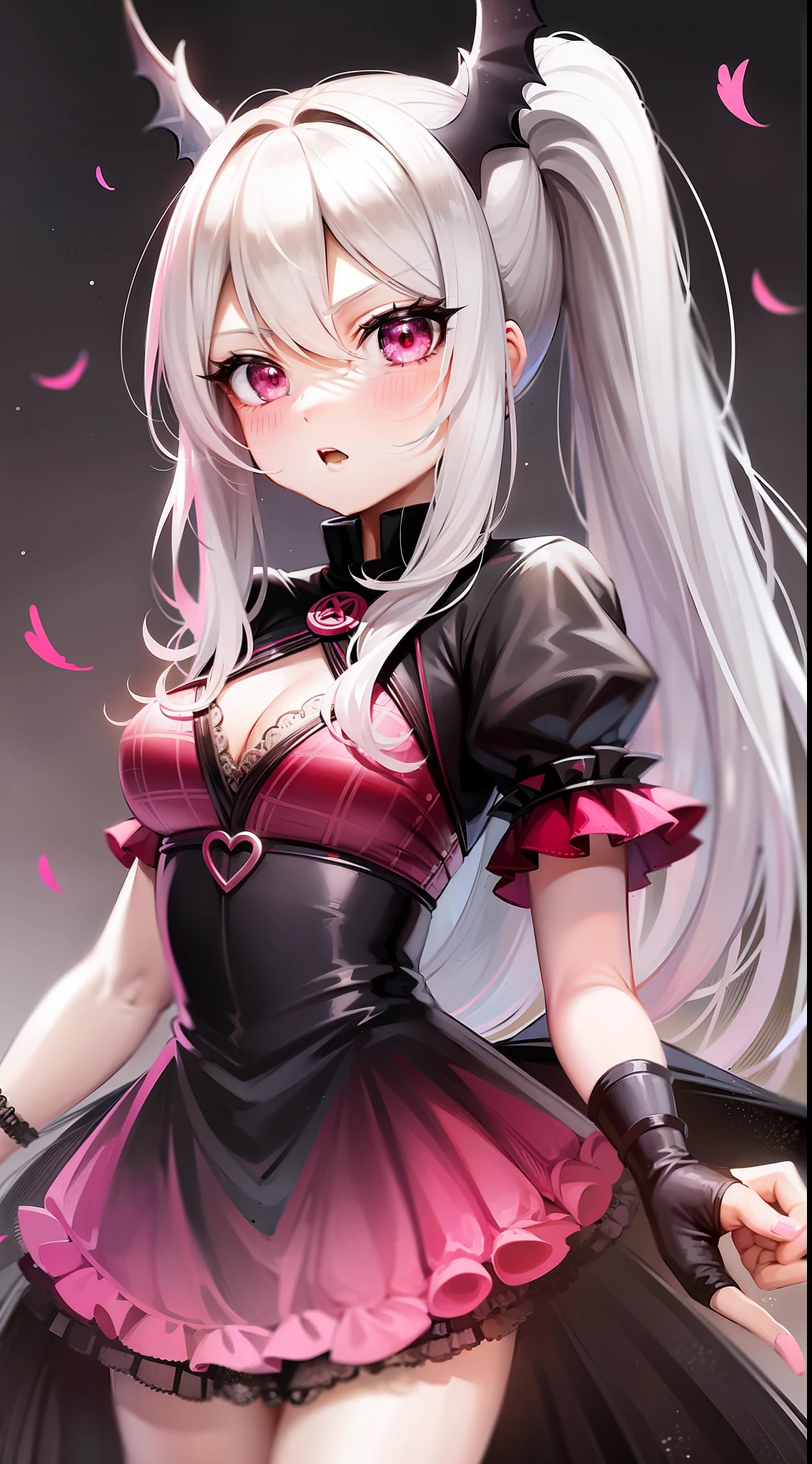 Adult girl, long white hair, high ponytail, pink eyes, bat wings, black rich dress, anger, masterpiece, high quality