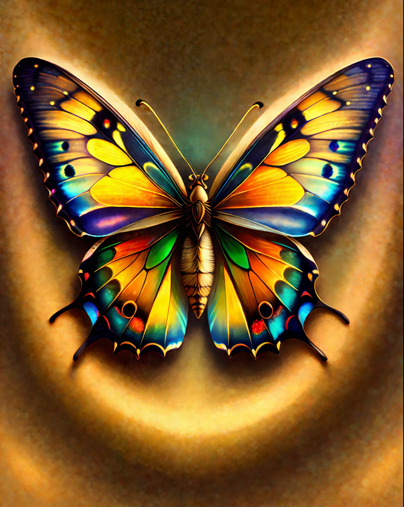 Portreit of a beautiful and realistic butterfly, rimlight, geometric pattern, 24k hyper realistic colored background