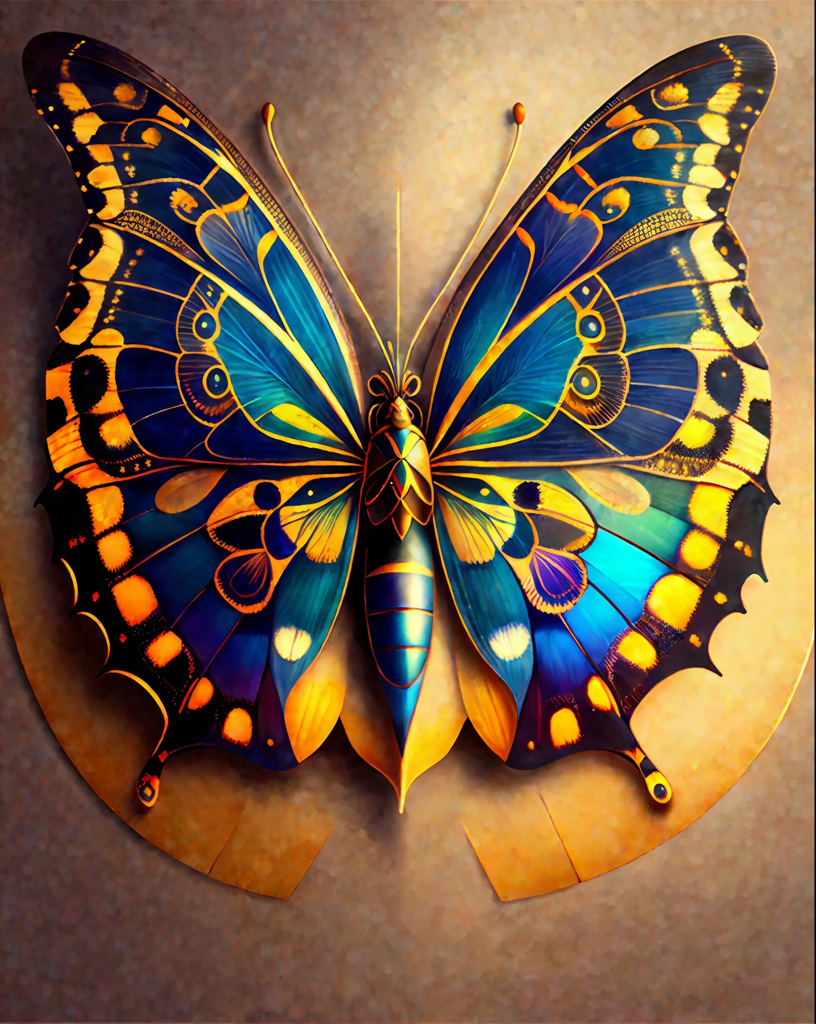 Portreit of a beautiful and realistic butterfly, rimlight, geometric pattern, 24k hyper realistic colored background