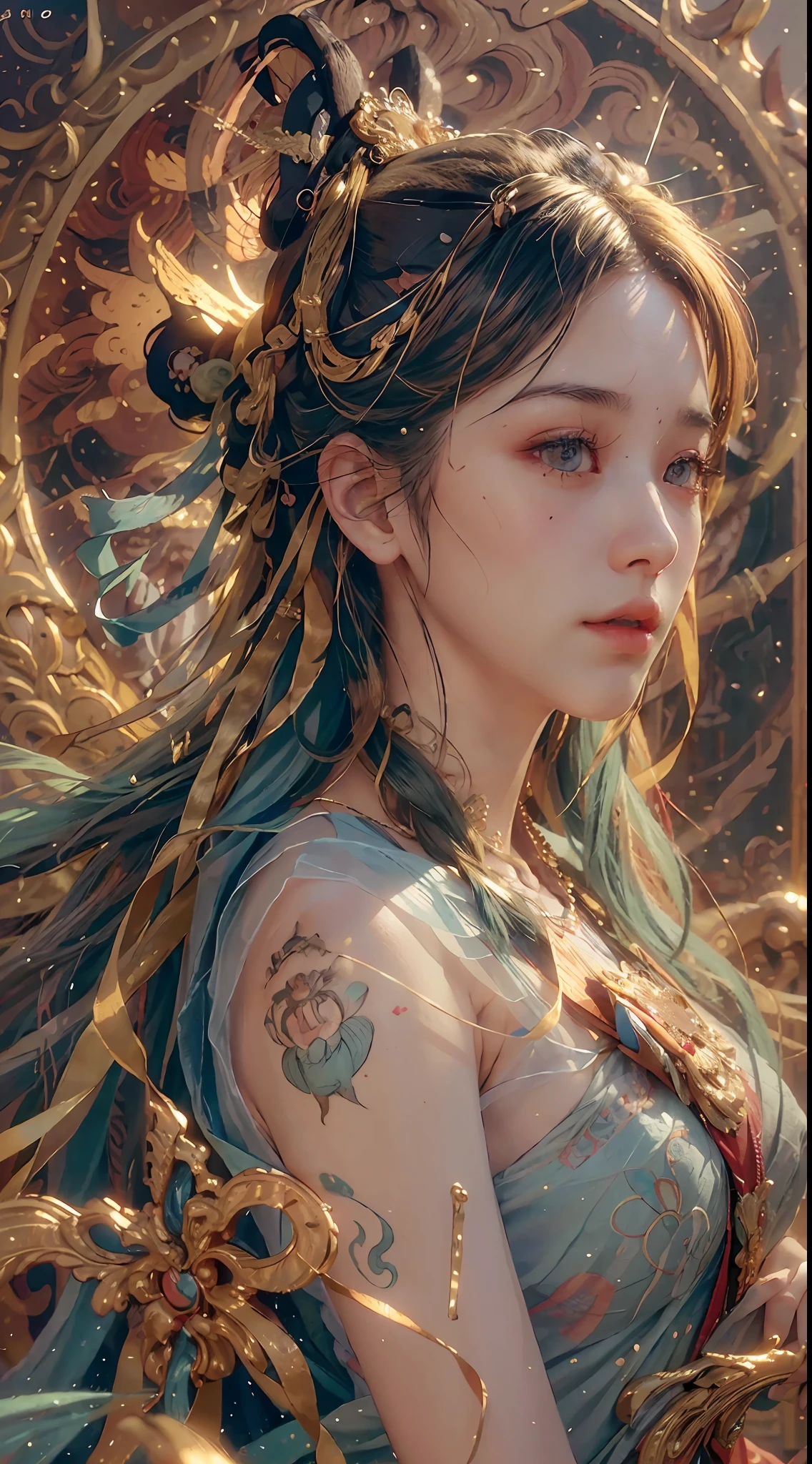(RAW photo, best quality), (realistic, photo-realistic:1.3),best quality,highly detailed,masterpiece,ultra-detailed,illustration,1girl,upper_body,dynamic angle,world masterpiece theater,messy_long_hair,best quality,extremely detailed CG unity 8k wallpaper,ink,Amazing,cinematic lighting,lens_flare,,dunhuang_style