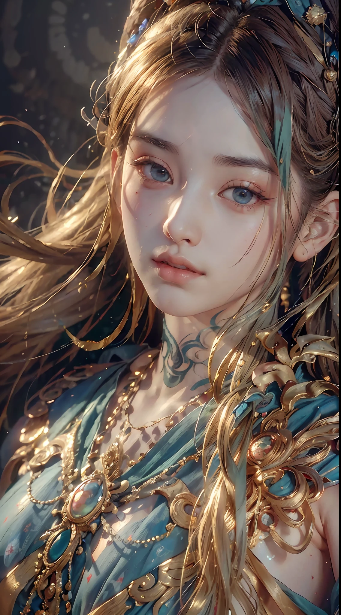 (RAW photo, best quality), (realistic, photo-realistic:1.3),best quality,highly detailed,masterpiece,ultra-detailed,illustration,1girl,upper_body,dynamic angle,world masterpiece theater,messy_long_hair,best quality,extremely detailed CG unity 8k wallpaper,ink,Amazing,cinematic lighting,lens_flare,,dunhuang_style