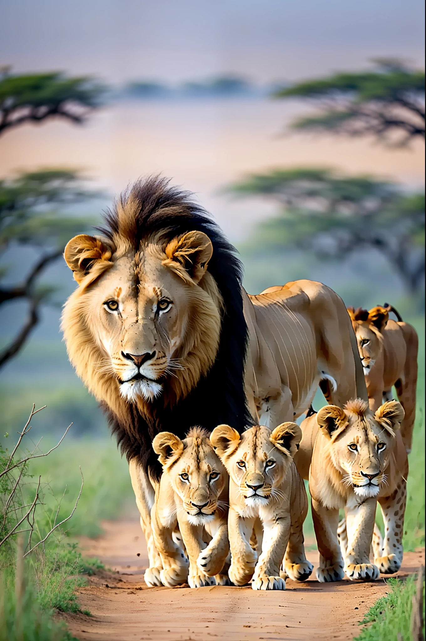 to a family of lions walking in front of the head, (A young Lioness) and (a majestic lion with a big dark mane) (three cubs) small in the savannah, best quality, masterpiece, ultra definition, by Juergen von Huendeberg, happy family, wild animals, proud look, majesty, animal photo of digital art, by Ingrida Kadaka, wildlife photography,  king of the jungle on the African plains