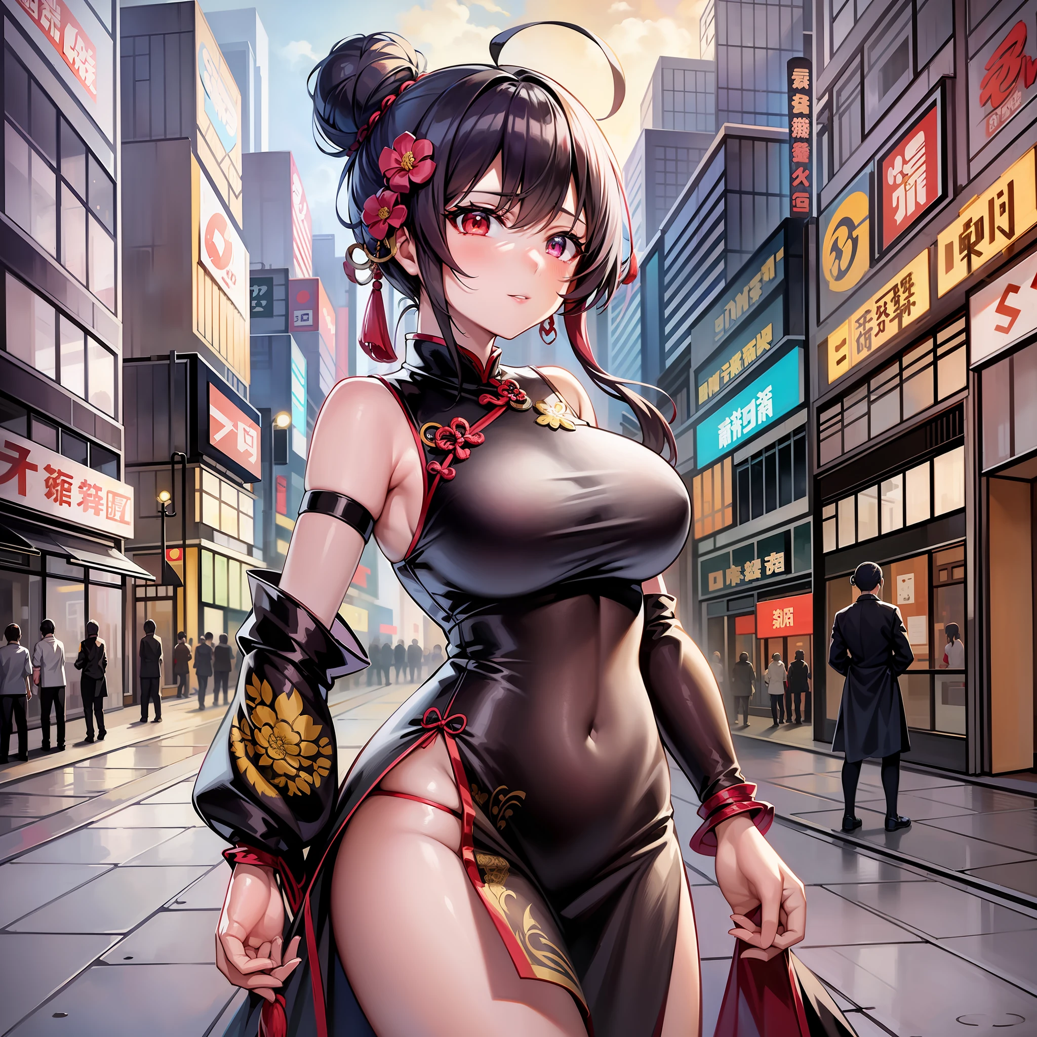 Anime girl in Chinese style costume posing on city street, cheongsam, bun hair, best anime 4K Konachan wallpaper, cyberpunk, trending on CGSTATION, anime style 4K, trending on art station pixiv, seductive anime girl, citao, gwaiz on pixiv art station, girls from frontline