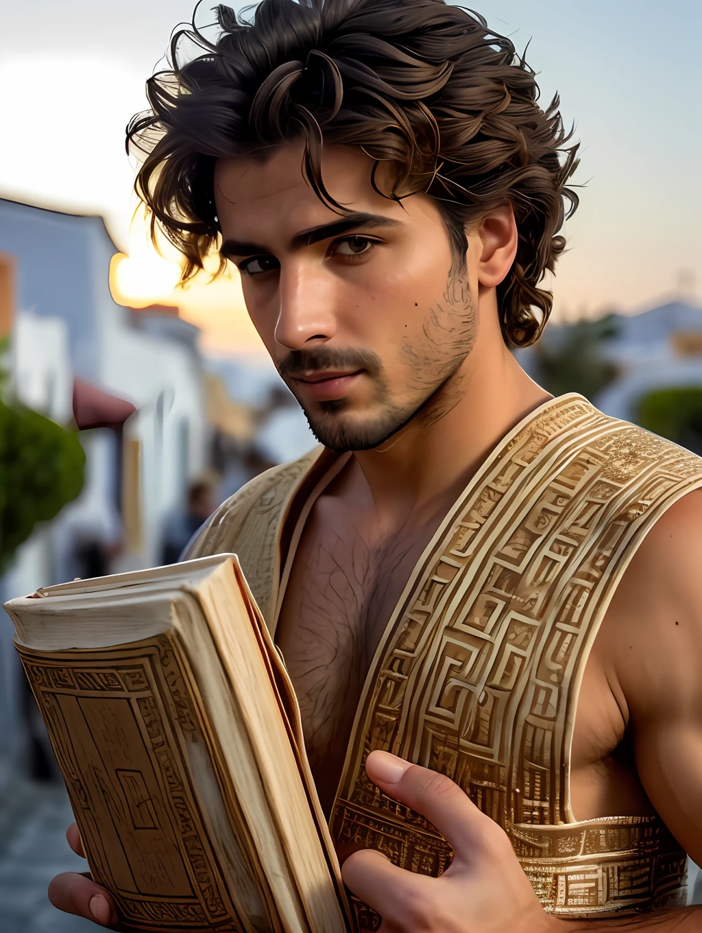 photo of an insanely handsome Greek man, honey eyes, short messy windy blonde hair, closeup zoomed in tight crop portrait, walking down a (street on a typical flowered Greek island scene people:1.2) wearing a (traditional ancient Greek clothing Chitons, Peplos, Chamis:1.3) (holding old books on his hand:1.3) (Lighting-Gold:1.2) foreground objects background details (masterpiece:1.2) (photorealistic:1.2) (bokeh:1.2) (best quality) (color grading) (detailed skin:1.3) (intricate) (8k) (HDR) (cinematic lighting:1.3) (sharp focus), messy hair