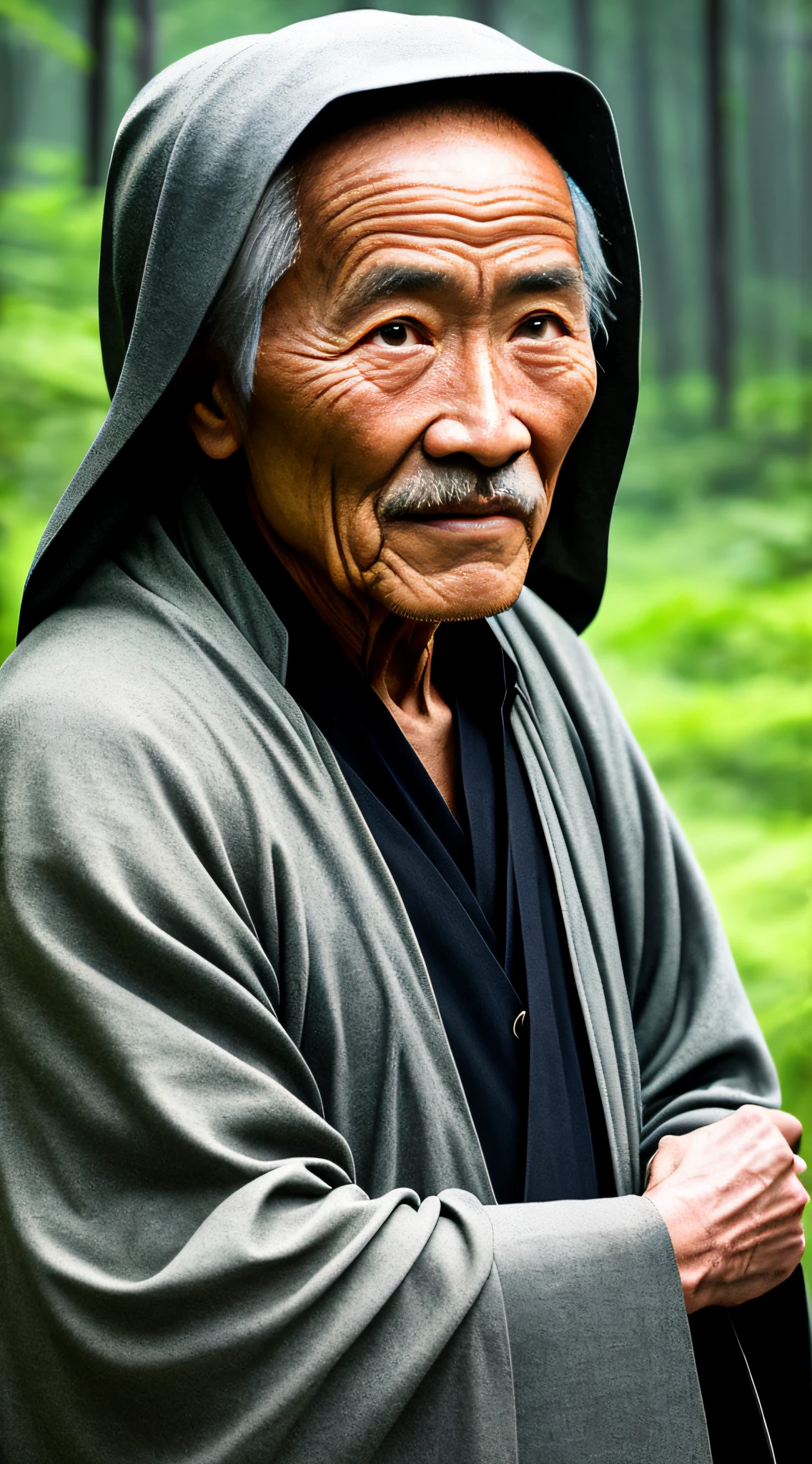 Portrait photography style, world masterpiece, super unique high professional digital art, film format, hyper-realism, color cinematography with ultra-fine details and quality, background is deep in the forest, an old man in rural China, an old man with wisdom. He wears an old cloak and his eyes are kind and shrewd. His skin has been blackened and powerful by the sun and rain, and the wrinkles are fixed on the corners of his mouth and forehead, making it seem that his years have precipitated. Although wearing a dark gown, although simple in appearance, it exudes sublime wisdom and a sense of tenacity of strength.