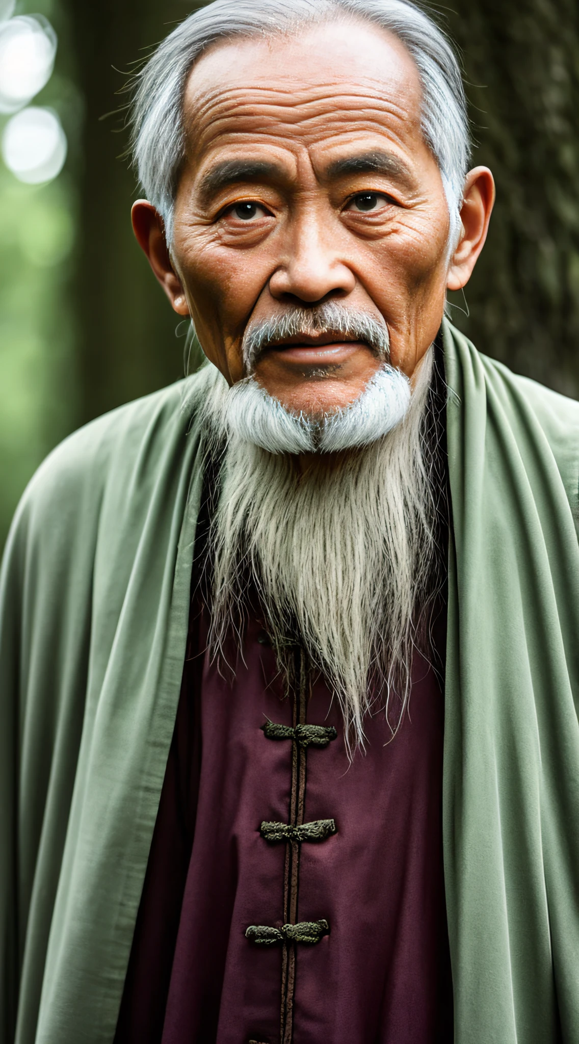 Portrait photography style, world masterpiece, super unique high professional digital art, film format, hyper-realism, color cinematography with ultra-fine details and quality, background is deep in the forest, an old man in rural China, an old man with wisdom. He wears an old cloak and his eyes are kind and shrewd. His skin has been blackened and powerful by the sun and rain, and the wrinkles are fixed on the corners of his mouth and forehead, making it seem that his years have precipitated. Although wearing a dark gown, although simple in appearance, it exudes sublime wisdom and a sense of tenacity of strength.