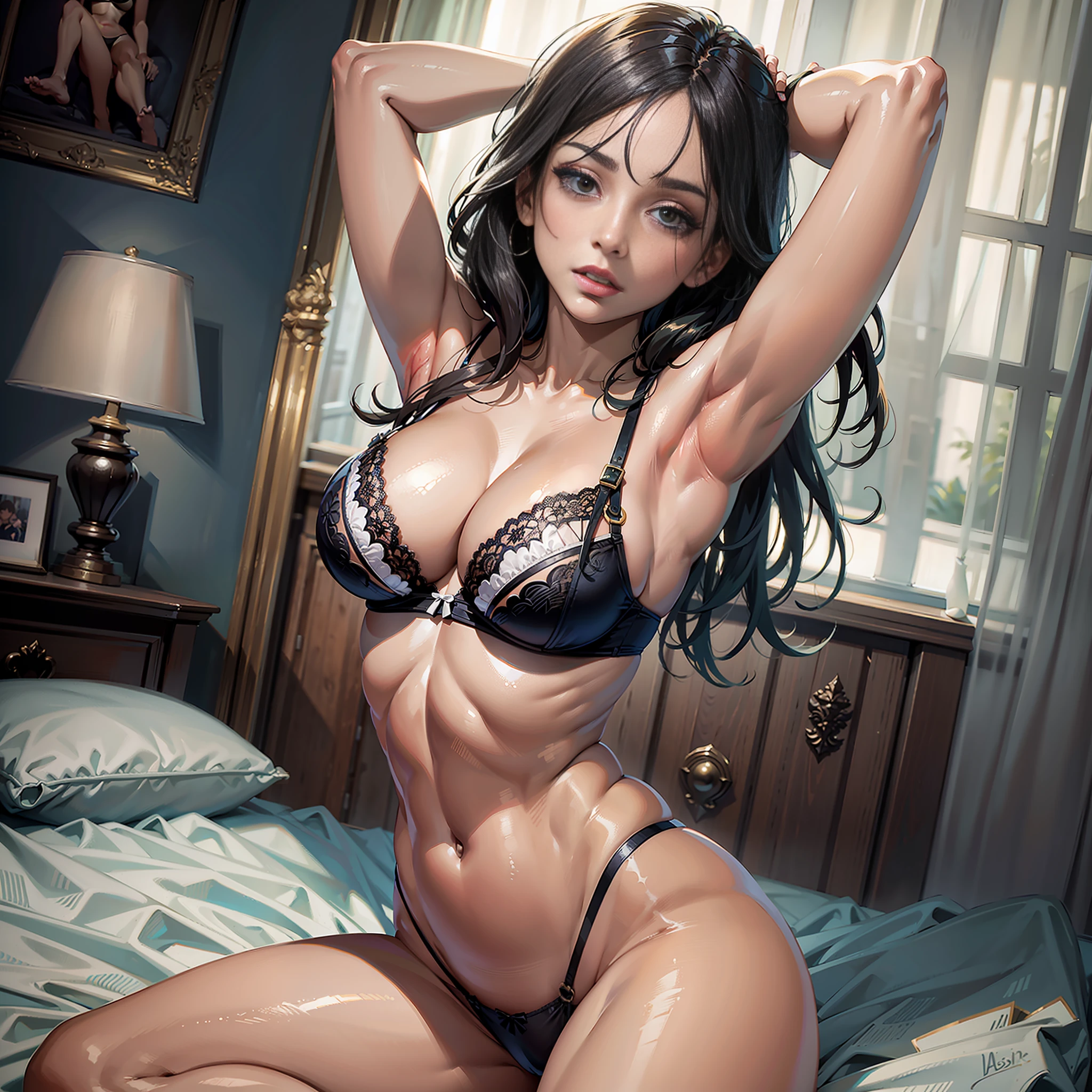 Masterpiece, Best Quality, High Resolution, Solo, Beautiful, Indoors, Out-of-Position Bra, Side Tie Thong, Lying Down, From Top, With Open Arms, Two Thighs Exaggerated, Lust, Bed, Disheveled Underwear, Heavy Breathing, Sexual Expression