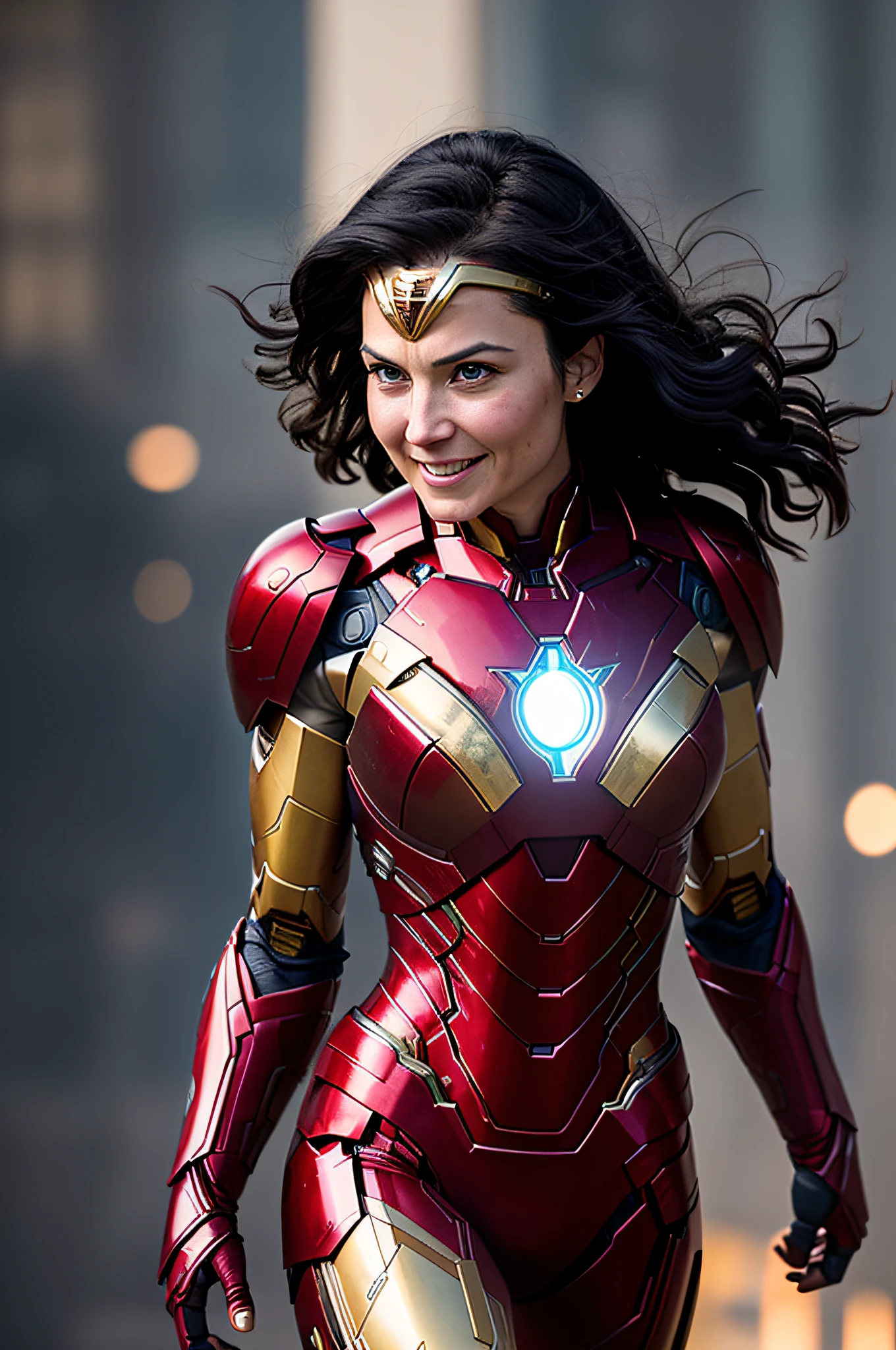 woman 35 years,short straight black hair, in iron man costume, night, soft lighting, in battle, expressive, dust, movement, dynamic angle, realistic lighting, smiling, happy, background of the movie scene Wonder Woman, photo by Brooke DiDonato, (natural skin texture, hyperrealism, soft light, sharp: 1.2), (complex details: 1.12), hdr masterpiece, best quality, (highly detailed photo: 1.1), 8k, photorealistic, (SFW),