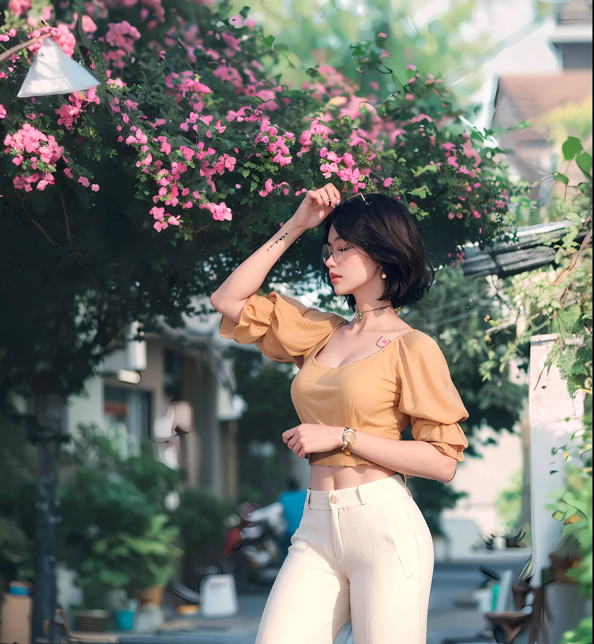 yellow crop top, beige-colored pants, a beautiful young girl, keep face, bigger eyes, keep glasses, keep choker, keep watch, short hair girl, eyes closed, smoky light brown hair, with earrings, realistic, floating hair, detailed skin,(nose blush), glossy lips, best quality, (photorealistic:1.4), ultra highres,