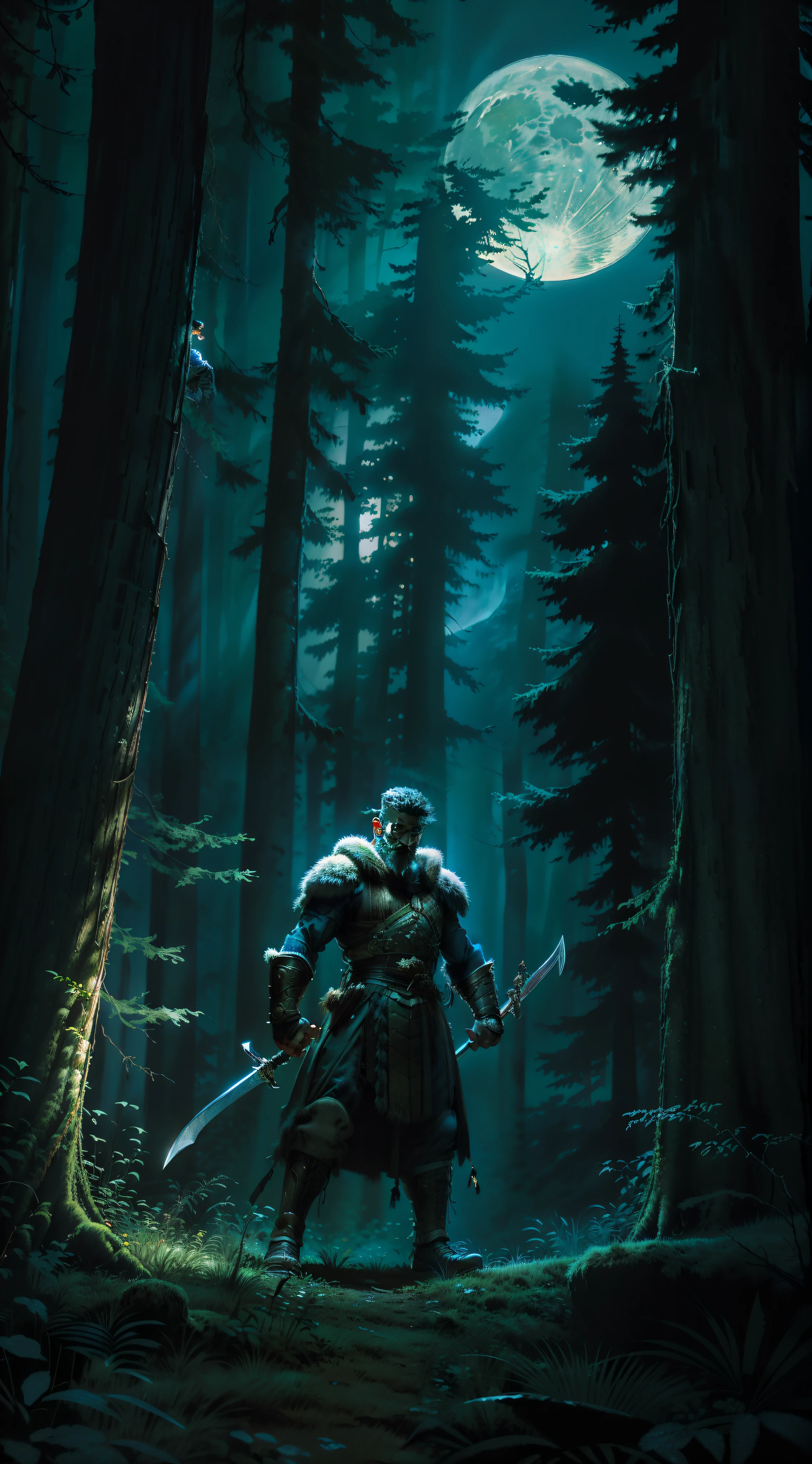 (Photorealistic high-resolution image)"close-up image" Hunter of the nocturnal forest, full moon in the background, (dangerous forest scenery, tall trees, sneaky animal watching) "Hunter man of "shield and sword", dressed as a warrior. Strong man holding sword and shield