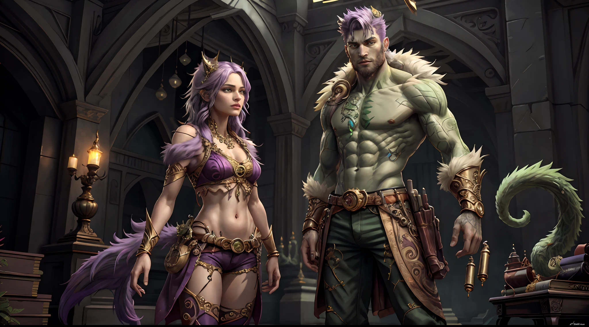 Concept Art, "1 Couple, Handsome Boy", an ultra-detailed and stunningly beautiful CG illustration depicting a sultry green man-wolf with purple hair, sharp green eyes, standing tall in shorts. Gorgeous green fur and yellow dotted on the belly, tail and fur, this animal-like beauty exudes sensuality in every pose, breathtaking rendering, within radiant connections, multiplayer interaction, magical elements, gorgeous, casting colorful spells, bright flashes,