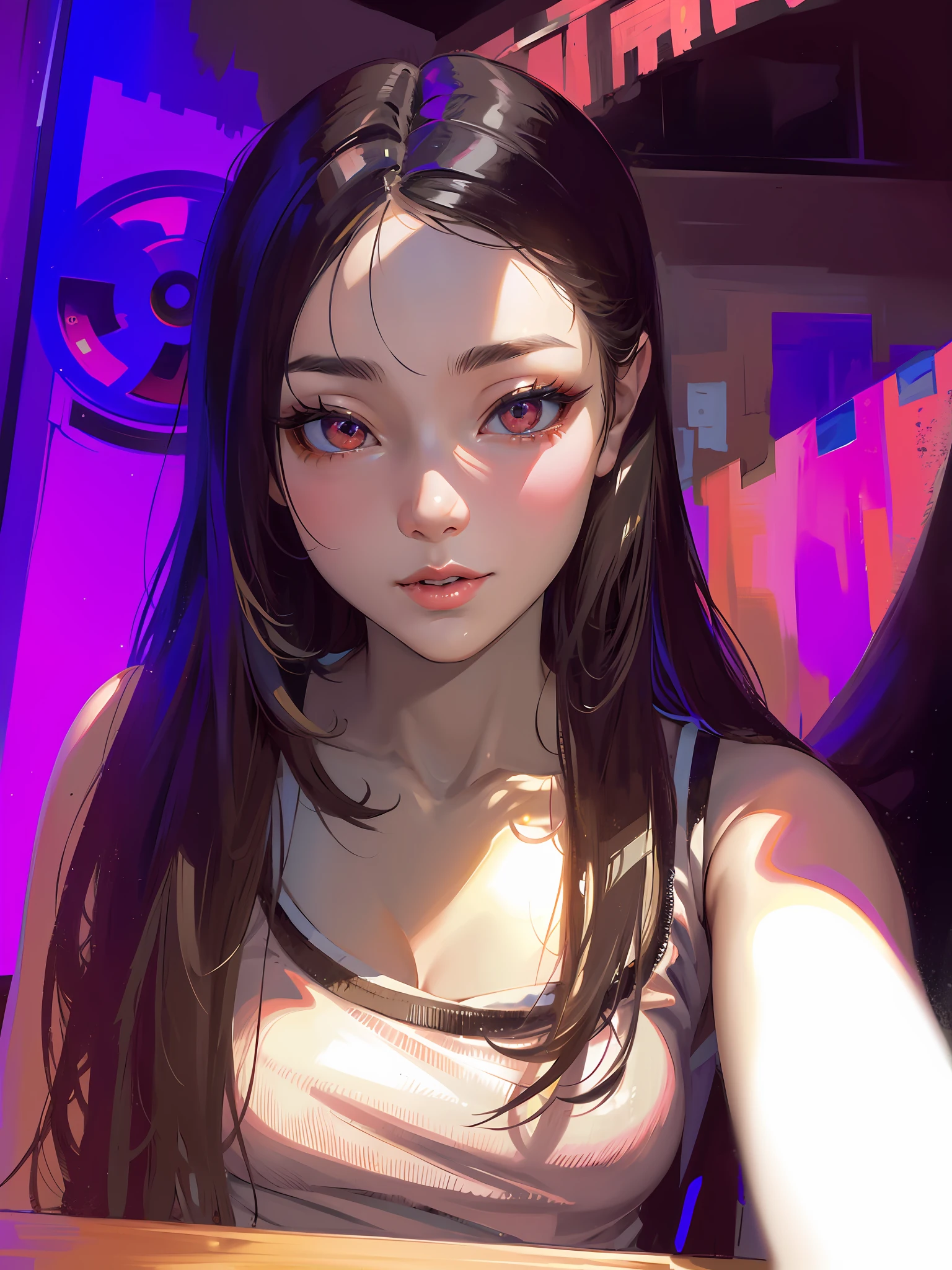 ((Best Quality)), ((Masterpiece)), Redrawn face with original drawing, An Asian girl taking a selfie, fair skin, gentle smile, silky long hair, hair added detail, large eyes, extreme eye detail, brown pupils, eye fine makeup, long eyelashes, CT eyeshadow, pink suspenders, extreme clothes detail, add background detail, shot with Canon EOS 5 D Mark IV, extreme detail, post-processing, large aperture, low ISO, white balance, 8K RAW