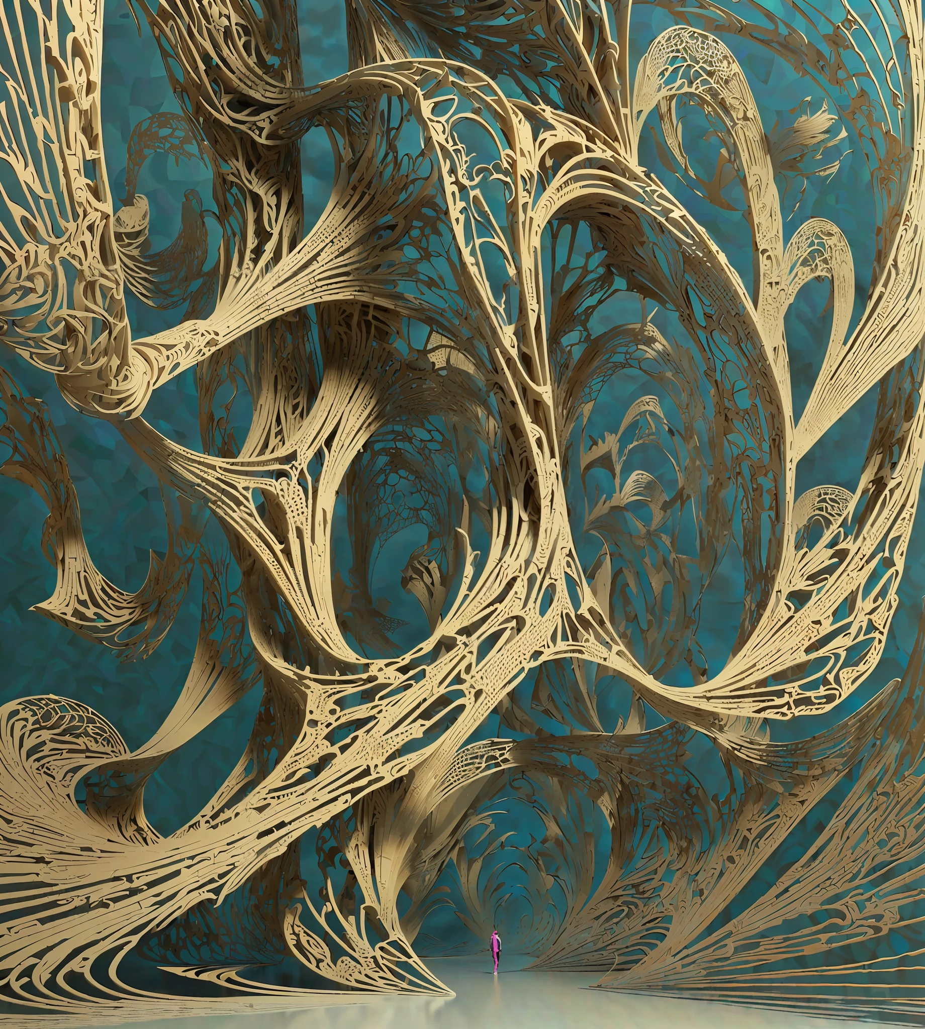 there is a man standing in front of a large sculpture, fractal fiberglass tendrils, intricate render, intricate artwork. octane render, intricate futurism, visionary fractal structures, intricate environment - n 9, intricate 3 d illustration, fractal 3 d structure, mind-bending digital art, fractal render, metamorphosis complex 3d render, complex alien fractal structure