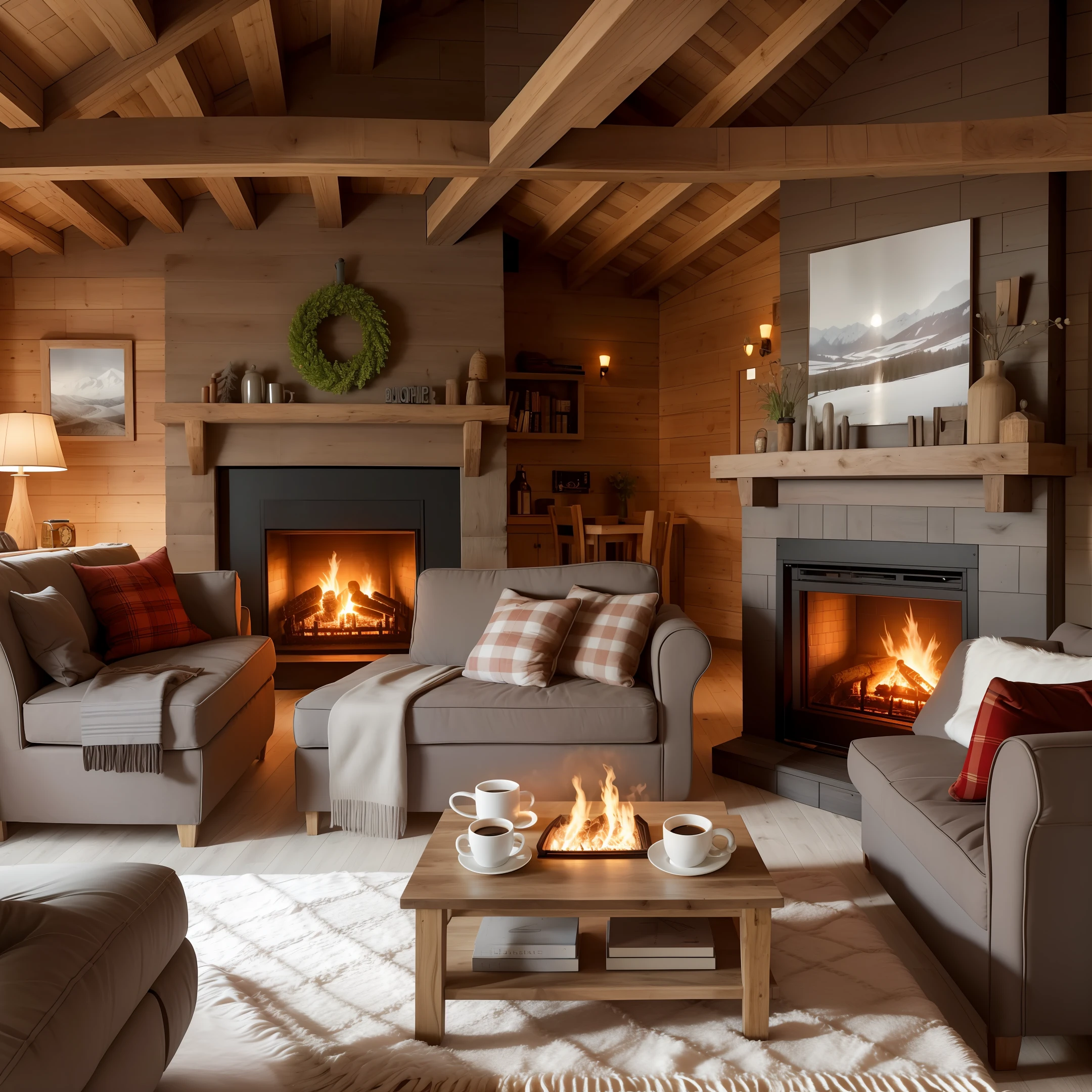 ((realistic)) Wooden chalet, fireplace, sofa, cozy décor, coffee cup on coffee table, blanket next to sofa