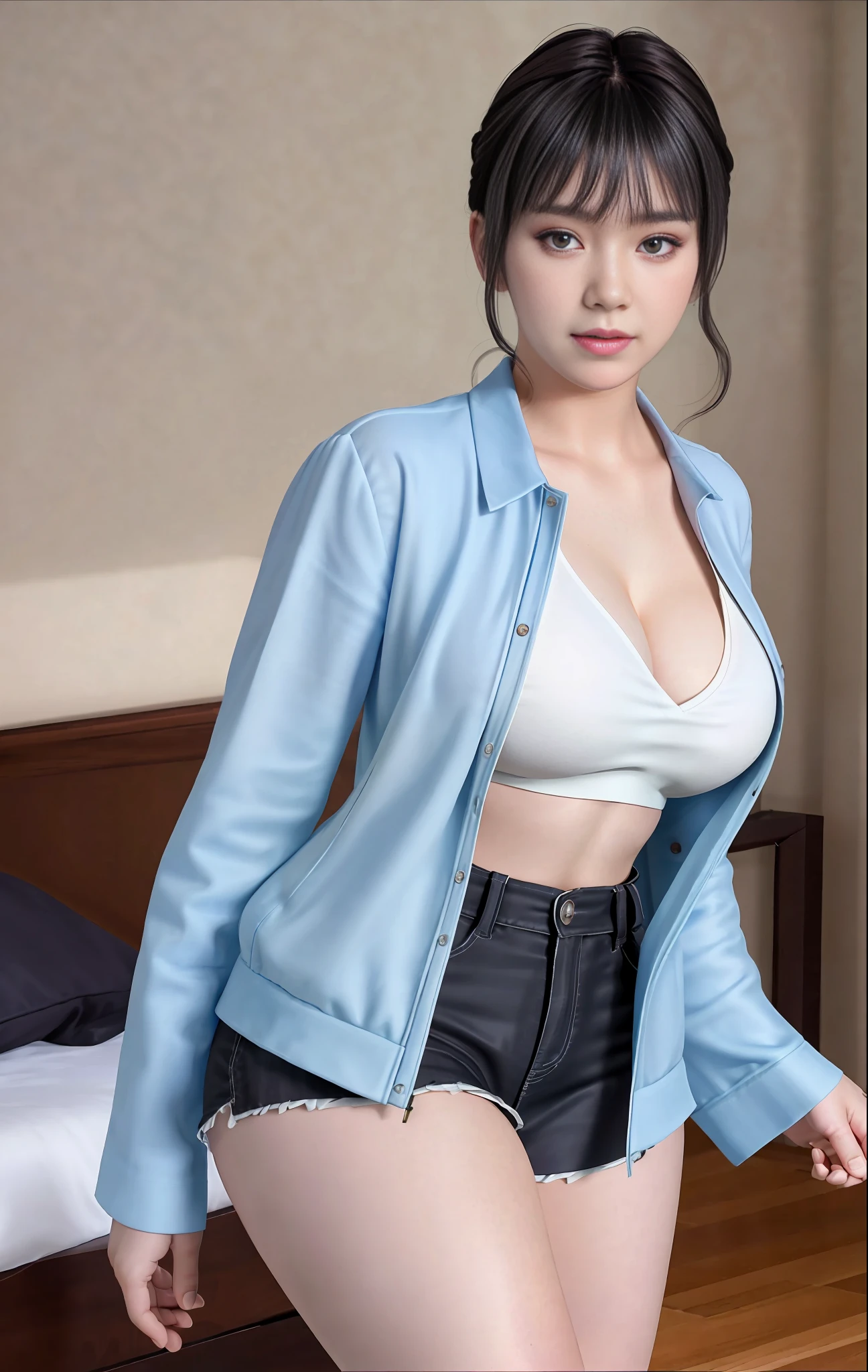 Masterpiece, High Definition, High Quality, Detailed Face, Detailed Body Rendering, 1Girl, Solo, Hinata Hinata Very Huge Tits, Fishnet Jacket, Dark Lips, Unbuttoned Shirt, No Bra, Breasts Out No Panties, Standing, Blushing, (in bedroom)