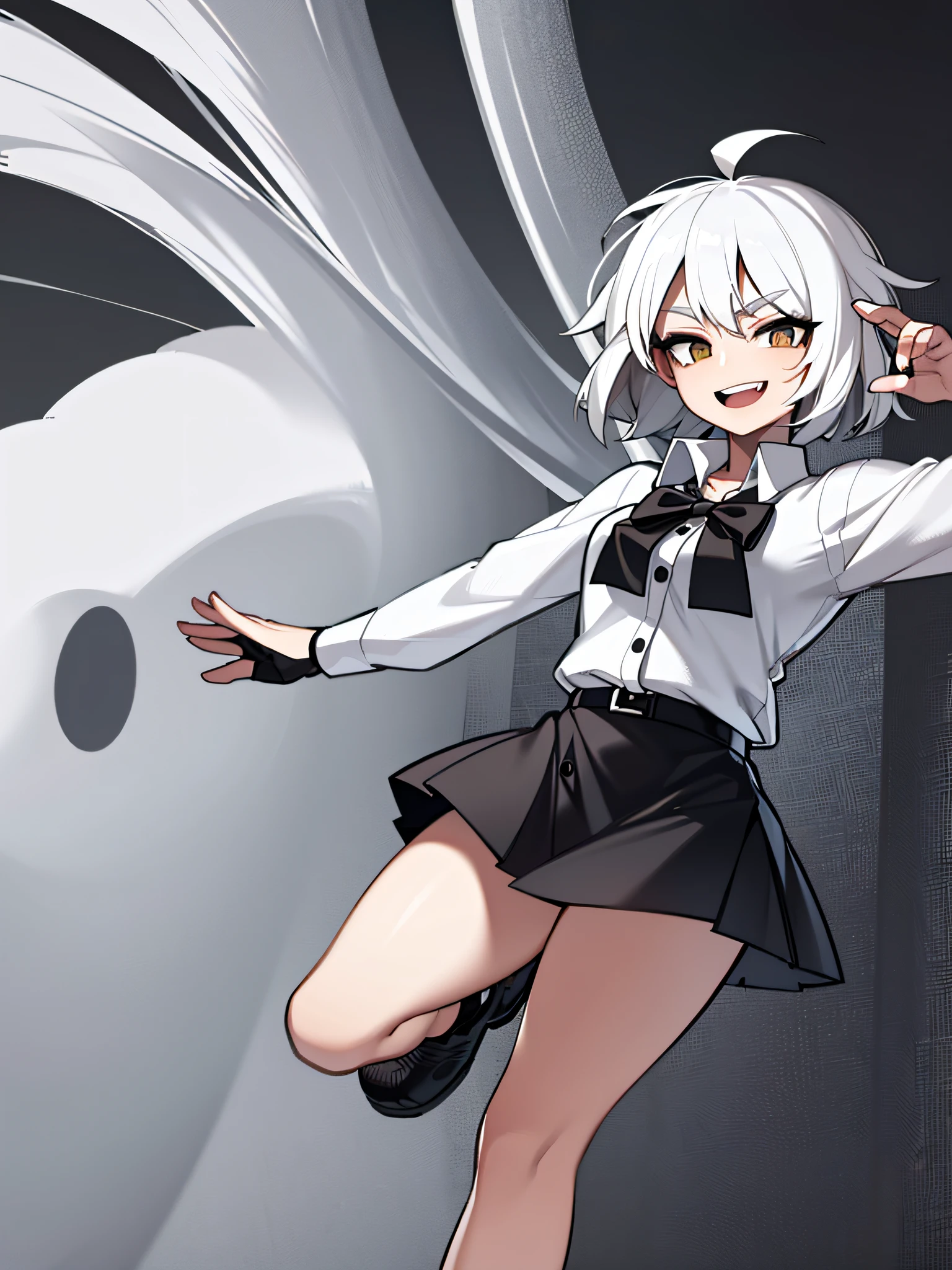 ((masterpiece, best quality)), (1girl), (solo), (female focus), (ahoge, white hair, short hair), black eyes, light smile, open mouth, ((white shirt), (buttoned shirt ), (button slit)), ((black dress), (short skirt)), standing, white background, behind arms, dynamic angle