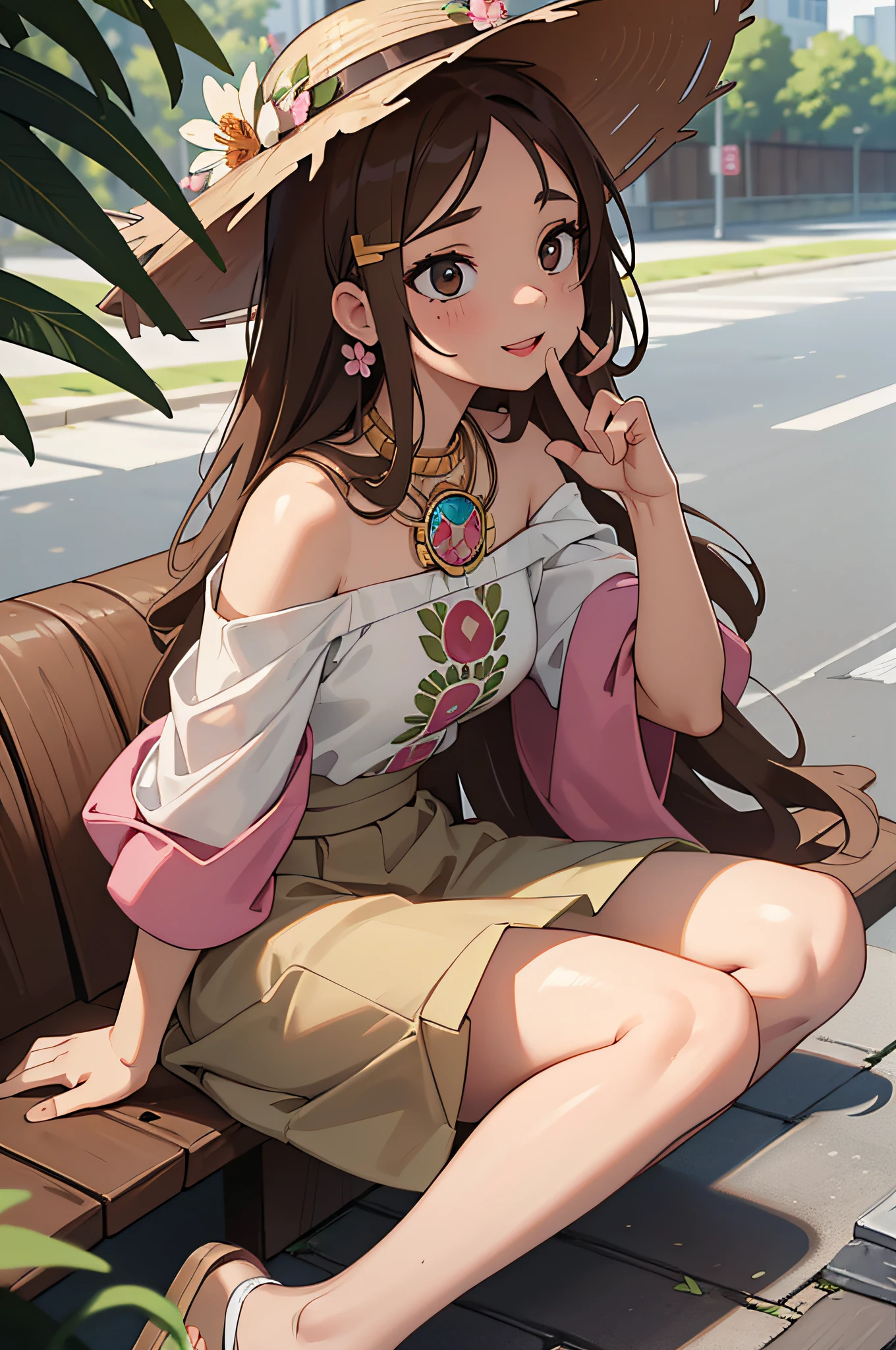 (masterpiece), (portrait), (aesthetic), (beautiful), (upper blody), (high quality), (aesthetic clothings), (professional angle), (rule of thirds), (Feminine), (woman), (female), (beautiful),(feminine features), (25 years), solo, 1 woman, (attractive Mexican), Summer, Natural light, (Sitting), Fresh Makeup, (Medium bust), ((holding a Sombrero)), (Side face), (Joyful expression), ((Vibrant, Happy)), Statement Necklace, ((Long hair)), (Brown hair), (Straight hair), (Thick hair), Natural shine hair, (Flower Clip in hair), (Brown eyes), (Playful, Colorful look), (Olive skin), (Embroidered clothing), (Off-Shoulder Top), (Ruffled Skirt), (Sandals), Sweetheart neckline), ((Urban background)), (- in background), (Full Shot shot), beautiful hands, two hands, normal hands, two arms, complete hands, beautiful body, beautiful fingers, normal fingers, five fingers, five fingers, (Thumb index meddle ring little fingers), beautiful ears, normal ears, beautiful eyes, shiny eyes, beautiful mouth, beautiful lips,