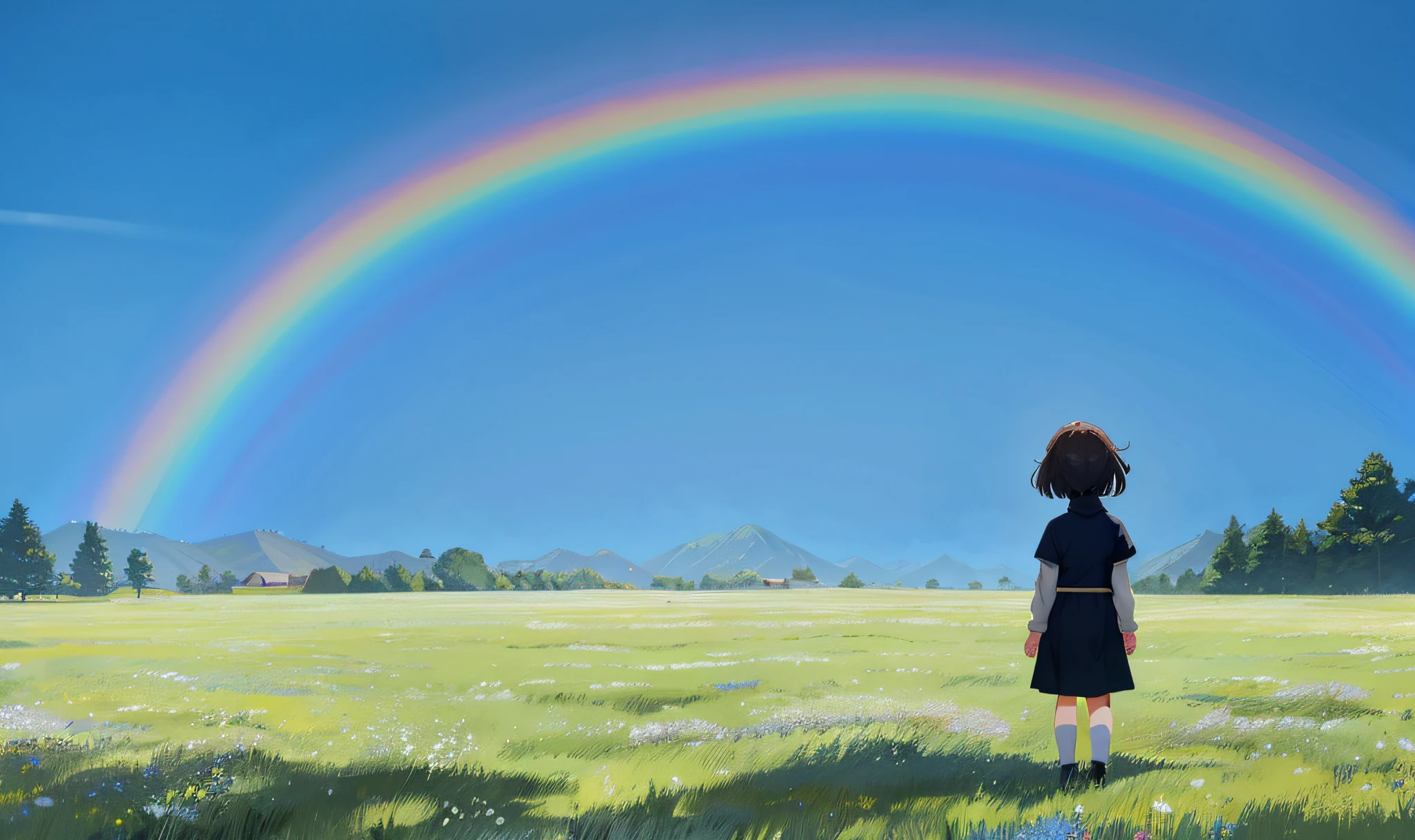 Detailed illustration in anime style, 3 year old girl looking up at the sky from the grassland, brown short hair, black turtleneck, one rainbow over the distant blue sky, perfect semicircle, Makoto Shinkai anime style