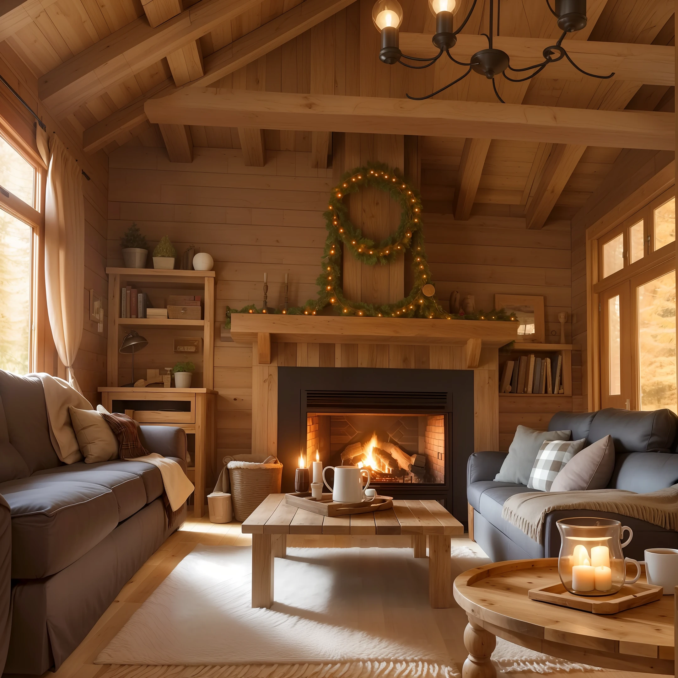 ((realistic)) Wooden chalet, fireplace, sofa, cozy décor, coffee cup on coffee table, blanket next to sofa