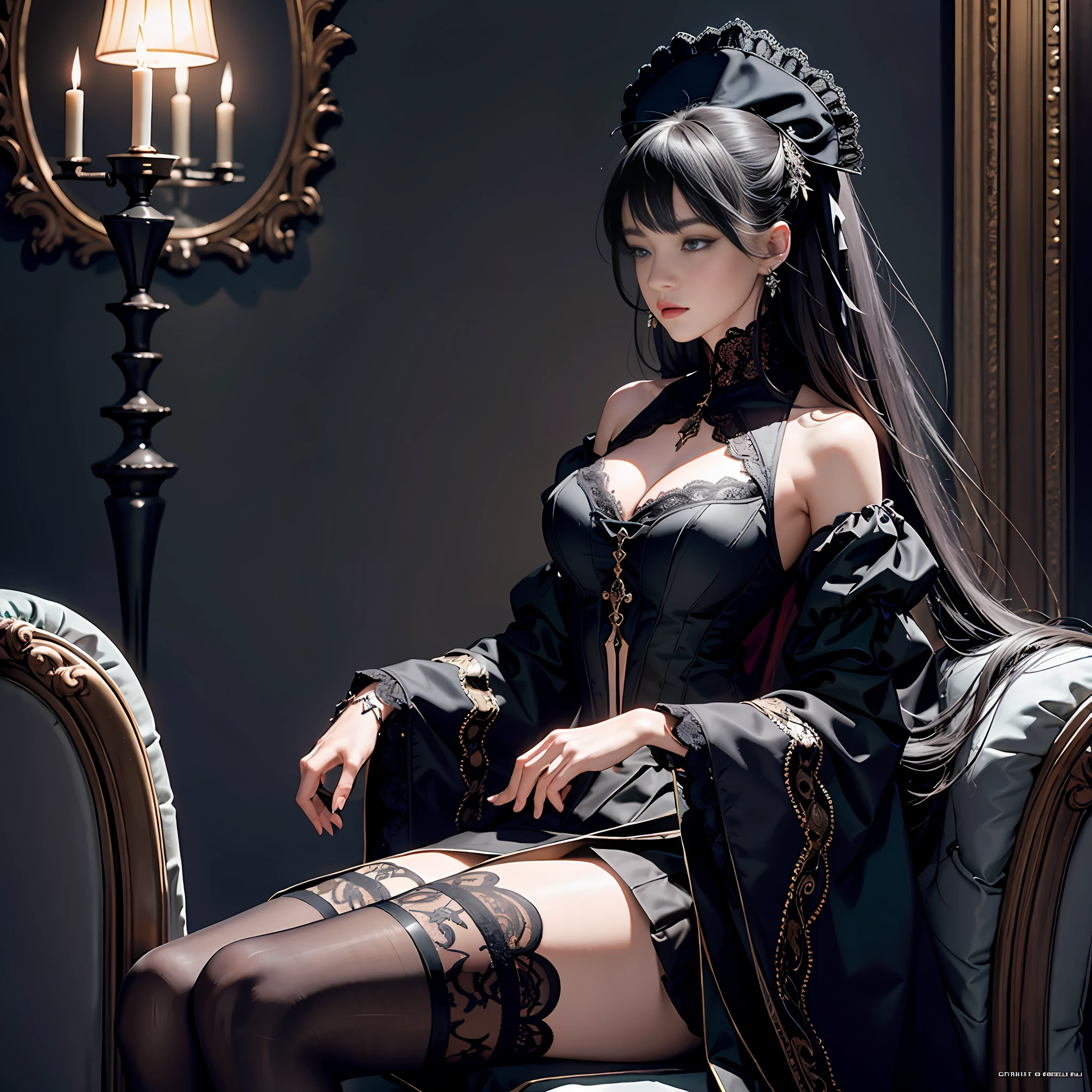 Official Art, Unity 8k wallpaper, super detailed, beautiful, beautiful, masterpiece, best quality, super detailed texture, asymmetrical aesthetics,
dark, epic, atmospheric, mysterious, taboo, art, victorian, decoration, intricate, silverwork, supernatural, costume design, lace embellishment,
1 girl, prayer, black stockings, elegant manners, conservative dress, sexy, full body composition