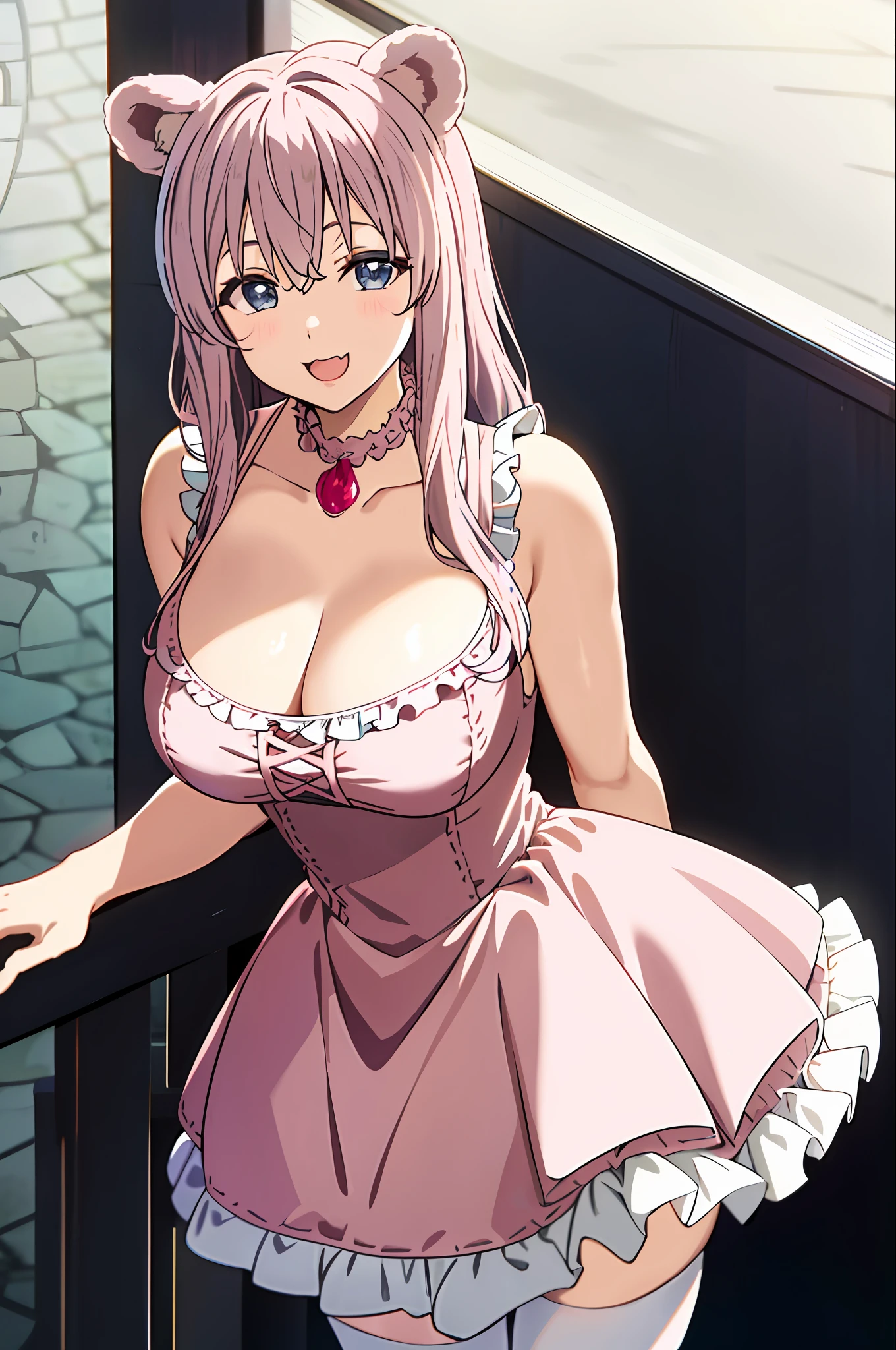 (leaning over:1.4), (masterpiece:1.2, best quality), (real picture, intricate details), 1girl, solo, absurdres, cowboy shot, standing, outdoors, :3, smile, bear girl, bear ears, ((light pink dress)), frills, very detailed dress, white thighhighs, platinum blonde hair, gray blue eyes, long hair, ((red)) strawberry choker, smile, open mouth, one fang, large breasts, cleavage, sleeveless dress, arms behind back,