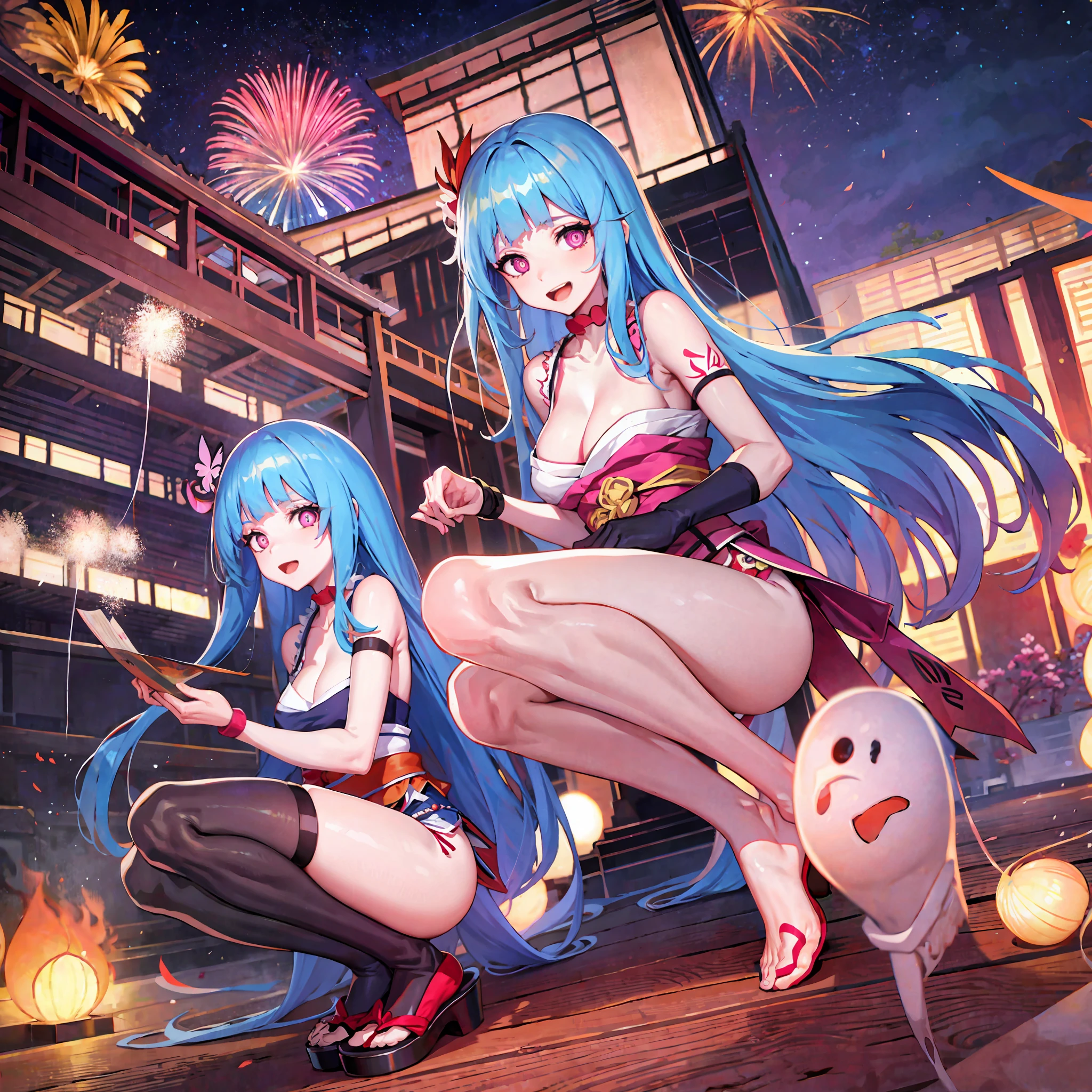 masterpiece, Extreme, Hi-Res, 1girl, Blue Long Hair, Asymmetrical Hair, Floating Hair, Hair Between Eyes, Hair Accessories, Fish Hair Accessories, Tassel, Kanzashi, Bangs, Pink Eyes, Open Mouth, Smile, Teeth, Upper Teeth Only, Collar, Red Collar, Choker, Butterfly Collar, Clavicle, Tattoo on Chest, Flower Tattoo, Cleavage, Medium Breast, Thigh, Bandage, Leg Bandage, Sarashi Budget Sarashi, Boobs Sarashi, Black Belt, Hadanuki Dosuji, Hōreki, Japanese Clothing, Kimono, Kinchagaku, Obi Belt, Orange Kimono, Pouch, Printed Kimono, Rope, Belt, Shimenawa, Short Kimono, Bare Shoulders, Visionary (Genshin Impact), East Asian Architecture, Cherry Blossoms, Full Body, Squatting, Fireworks, Fireworks, Fireworks, Night, Fireworks, Fireworks, Feet Together, Feet Together, Feet, Single Gloves, Single Show Finger Gloves Only, wristband, black socks,