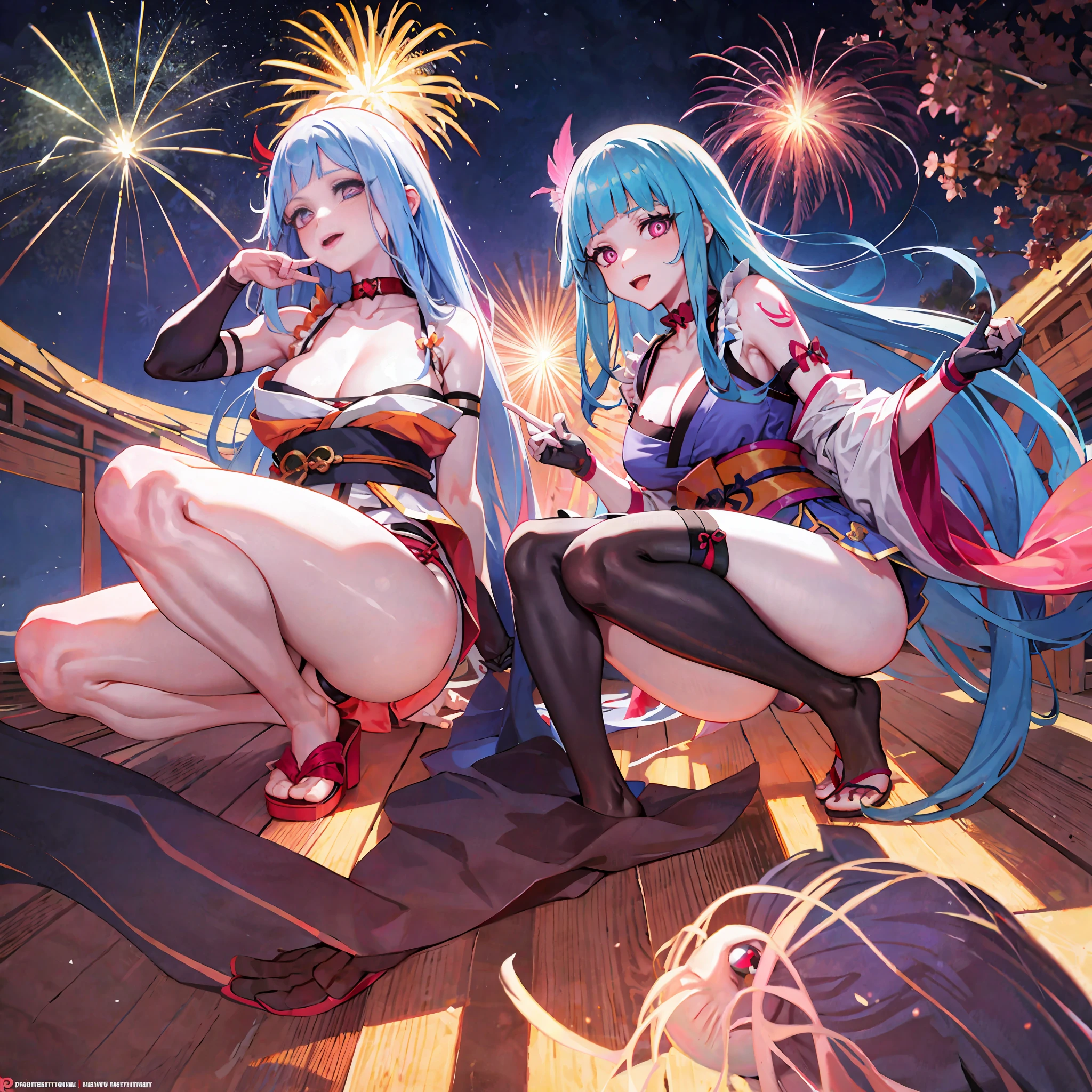 masterpiece, Extreme, Hi-Res, 1girl, Blue Long Hair, Asymmetrical Hair, Floating Hair, Hair Between Eyes, Hair Accessories, Fish Hair Accessories, Tassel, Kanzashi, Bangs, Pink Eyes, Open Mouth, Smile, Teeth, Upper Teeth Only, Collar, Red Collar, Choker, Butterfly Collar, Clavicle, Tattoo on Chest, Flower Tattoo, Cleavage, Medium Breast, Thigh, Bandage, Leg Bandage, Sarashi Budget Sarashi, Boobs Sarashi, Black Belt, Hadanuki Dosuji, Hōreki, Japanese Clothing, Kimono, Kinchagaku, Obi Belt, Orange Kimono, Pouch, Printed Kimono, Rope, Belt, Shimenawa, Short Kimono, Bare Shoulders, Visionary (Genshin Impact), East Asian Architecture, Cherry Blossoms, Full Body, Squatting, Fireworks, Fireworks, Fireworks, Night, Fireworks, Fireworks, Feet Together, Feet Together, Feet, Single Gloves, Single Show Finger Gloves Only, wristband, black socks,