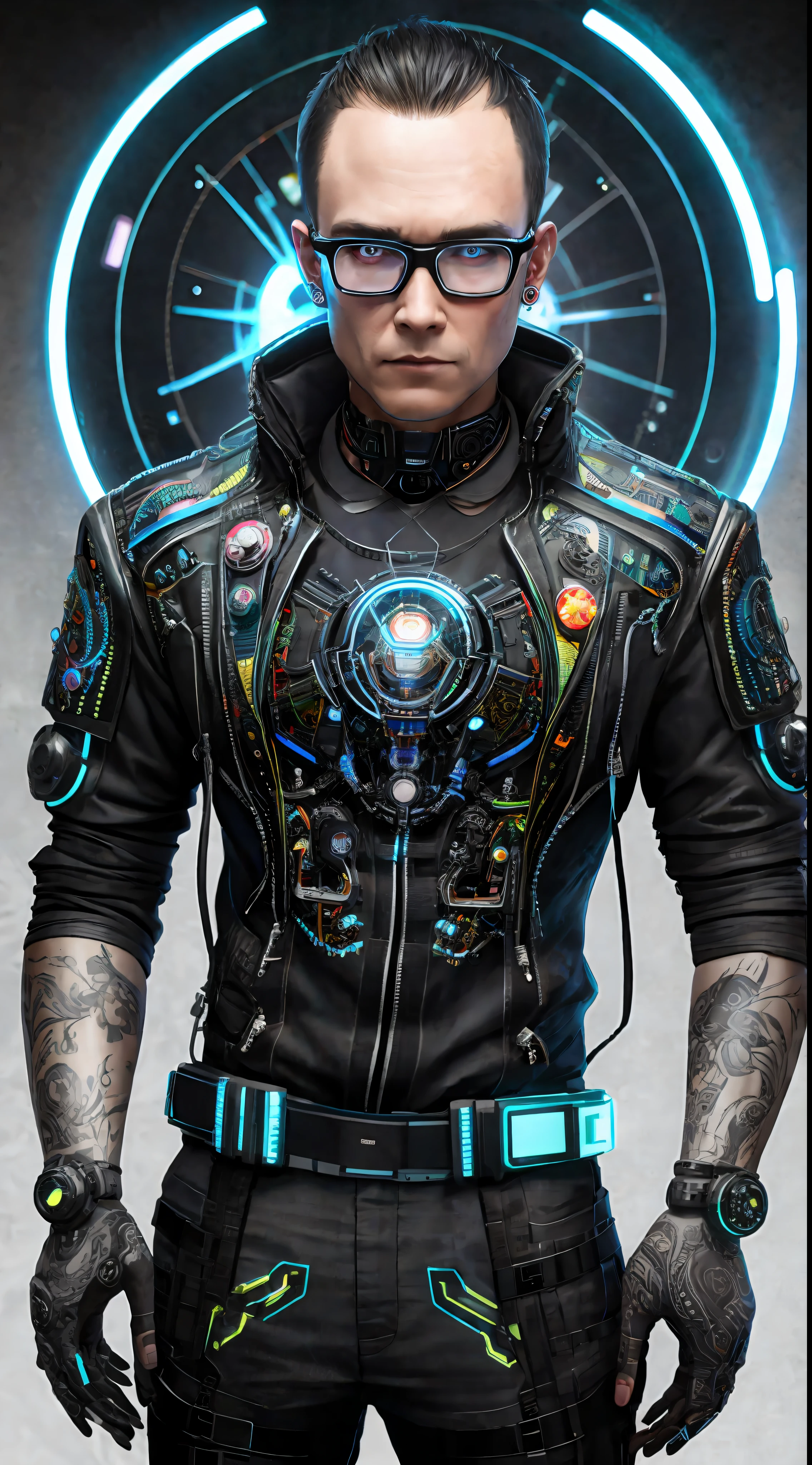 Complex 3d rendering ultra-detailed cyberpunk style, simulating 150mm shot, neon skin lines, colorful details, piercings, Art Nouveau fashion embroidery, intricate details, facial muscles, microchips, surreal, ultra-detailed, octane rendering, robotic arm, mechanical, glasses, black back, short hair, male, man, front standing, white jacket, movie light effects, middle aged, 35 years old, round face, solid color background, gray background