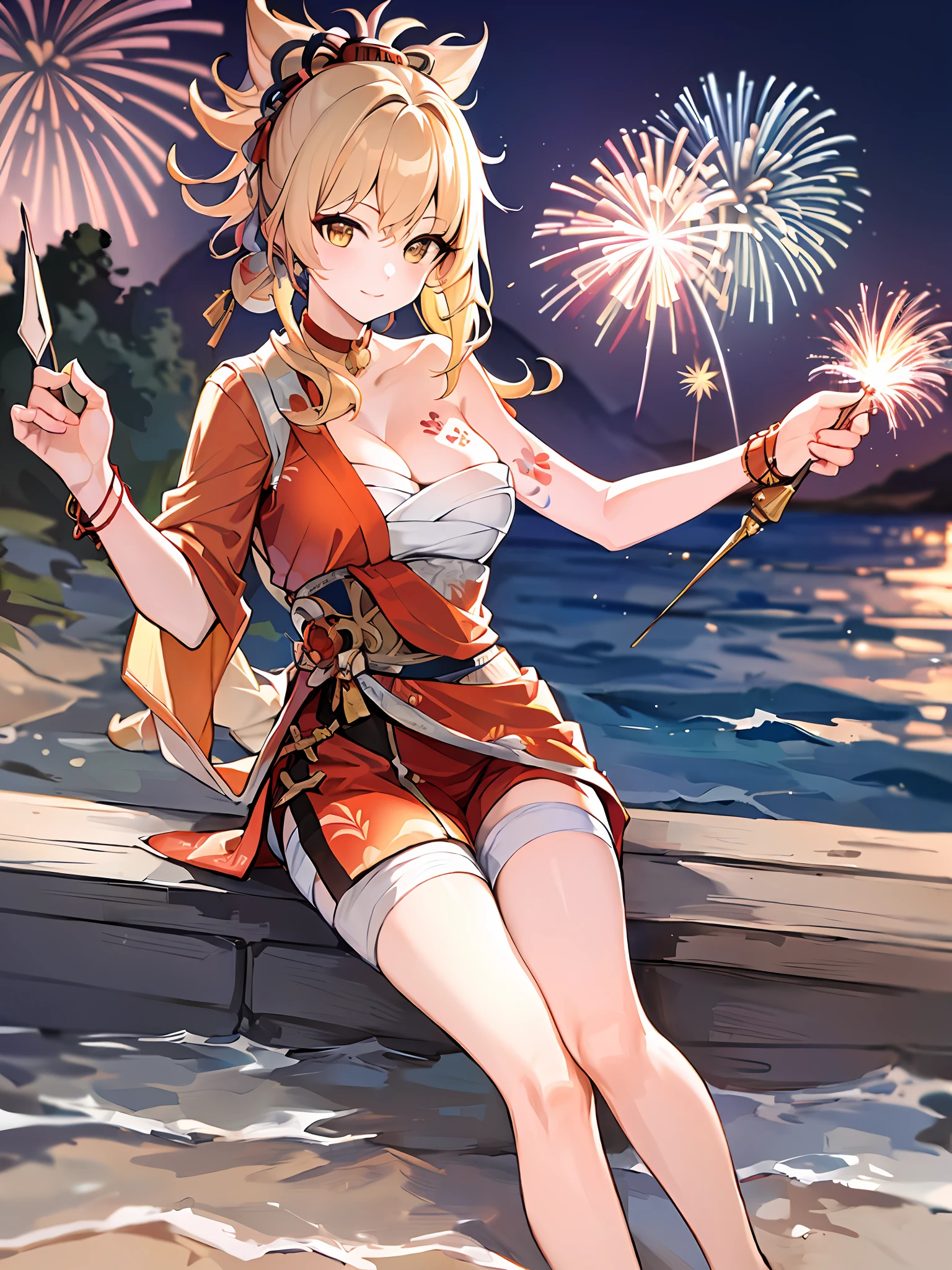 ((Best Quality, 8K, Masterpiece: 1.3)),1 girl, mature and charming woman, Golden hair, coming out of the bathroom, feet,Horsetail,Fireworks, seaside,