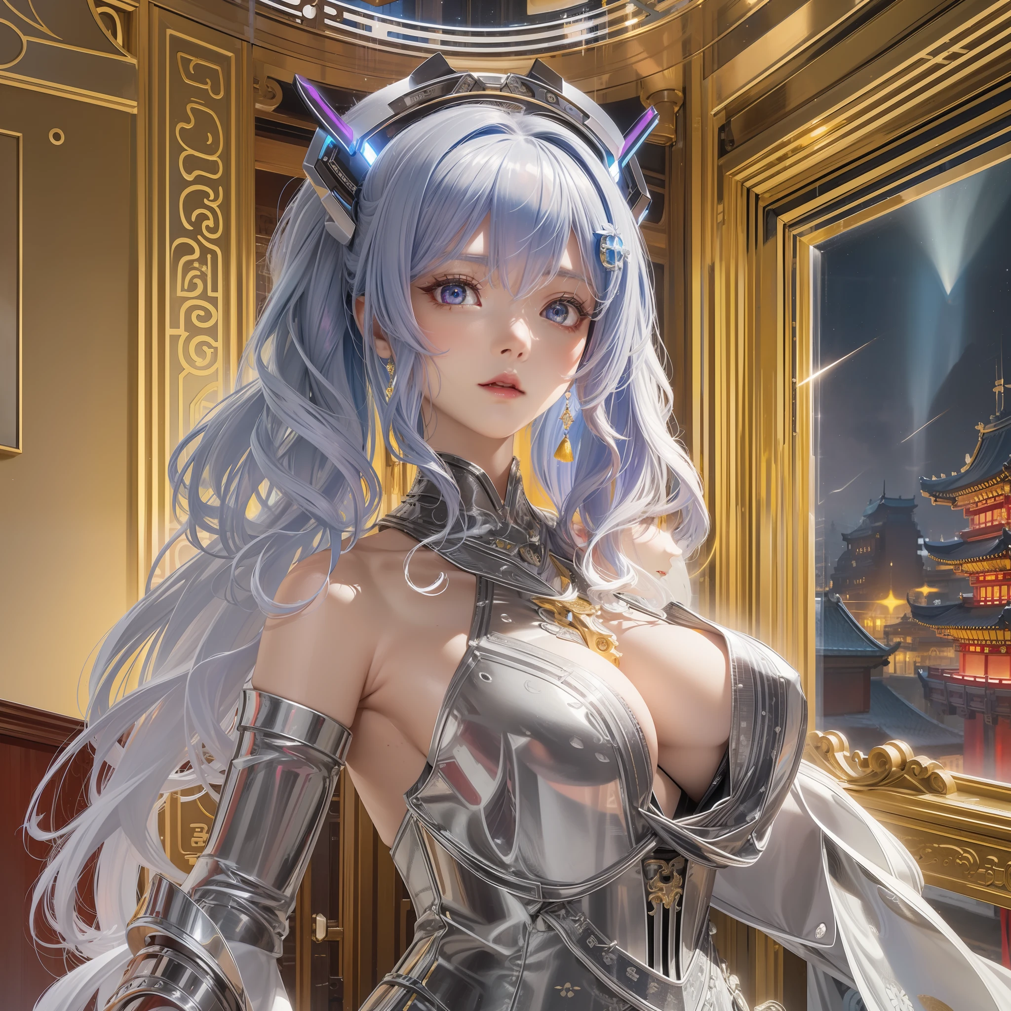Masterpiece, best quality, super detailed, very detailed illustrations, very detailed, intricate details, high resolution, super complex details, very detailed 8k cg wallpaper, 50MM lens, caustics, reflections, ray tracing, nebulae, dark halos, network effects, (1girl:1.4), solo, alone, mecha musume, mechanical parts, robot joints, single mechanical arm, headgear, mechanical halo, star halo, electric mechanical bodysuit, mecha corset, kimono, full armor, very long hair, white hair, hair between eyes, multicolored hair, blue eyes, glowing eyes, random expression, random action, ancient chinese architecture, starry sky, skyline,