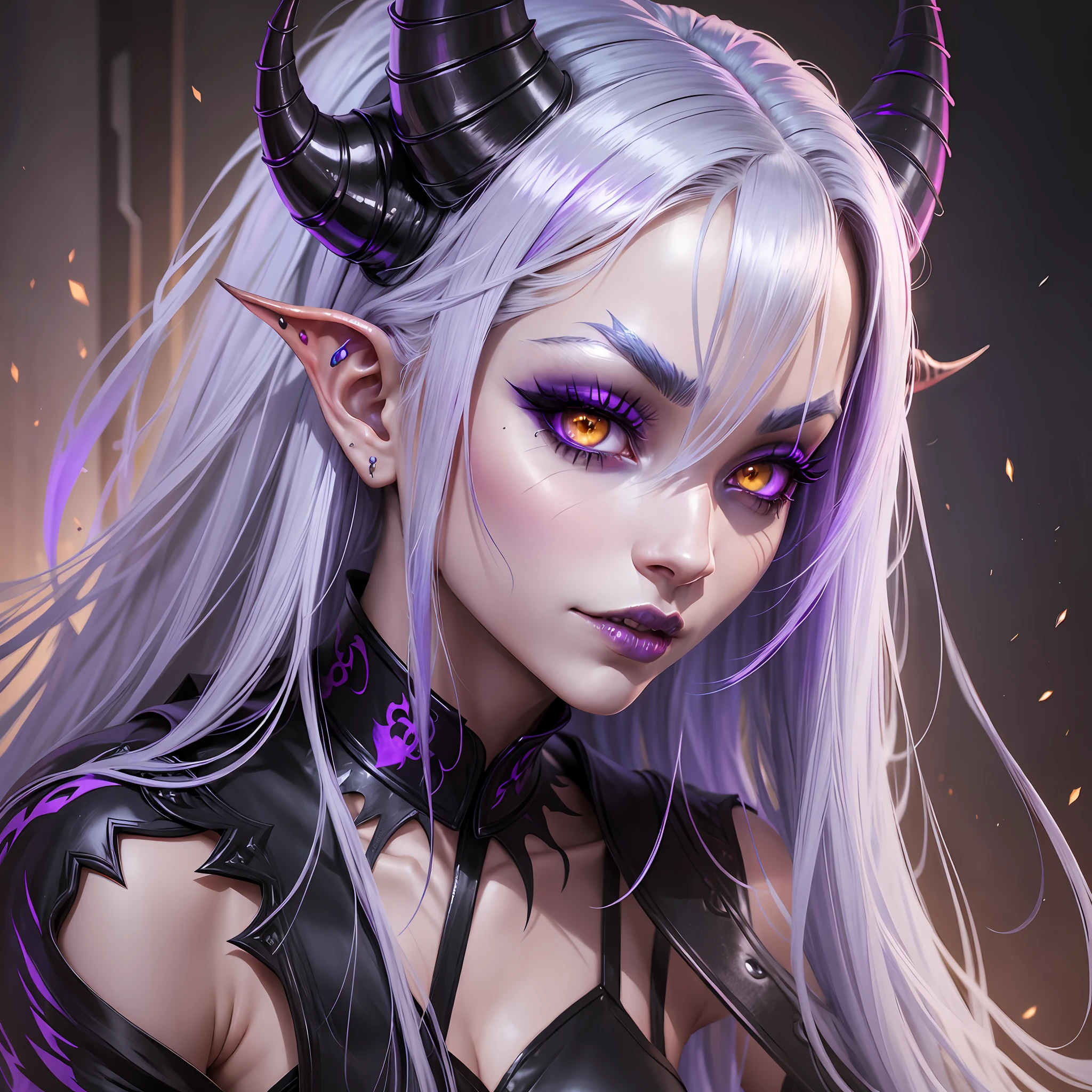 a striking-looking Tiefling with black horns, bluish violet skin, yellow eyes, long, platinum hair, and a tail that revealed her demonic origins. --auto --s2