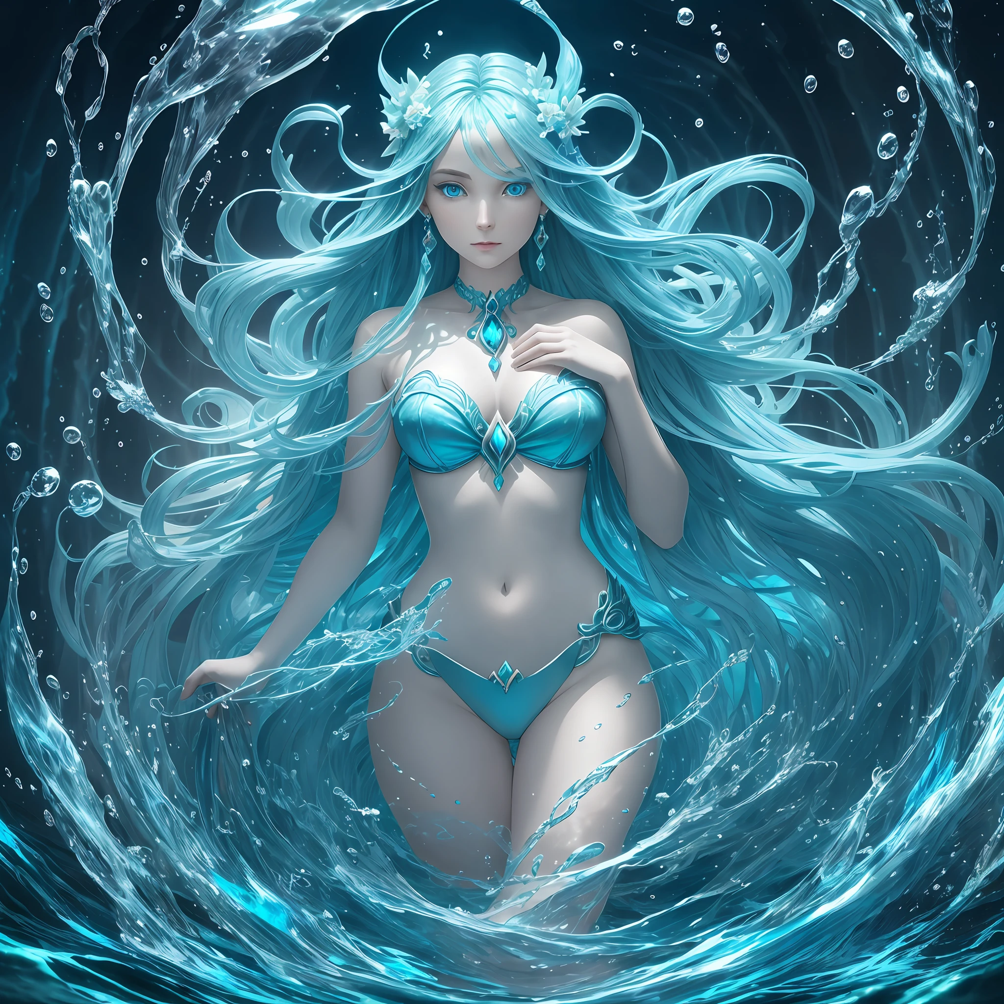 Undine, the Aquatic Tempest, captivates as an ethereal being entirely composed of flowing water. Her fluid form, standing at 5'6" (167 cm), constantly ripples and shifts, reflecting cerulean, aquamarine, and crystal clear hues. Deep, radiant eyes mirror the tranquil depths of the ocean, exuding an aura of calmness and mystery. Undine embodies the power and fluidity of water, an enchanting entity that stands as a captivating and enigmatic character within your TCG game, targeting a mature audience seeking the allure of an aquatic tempest.