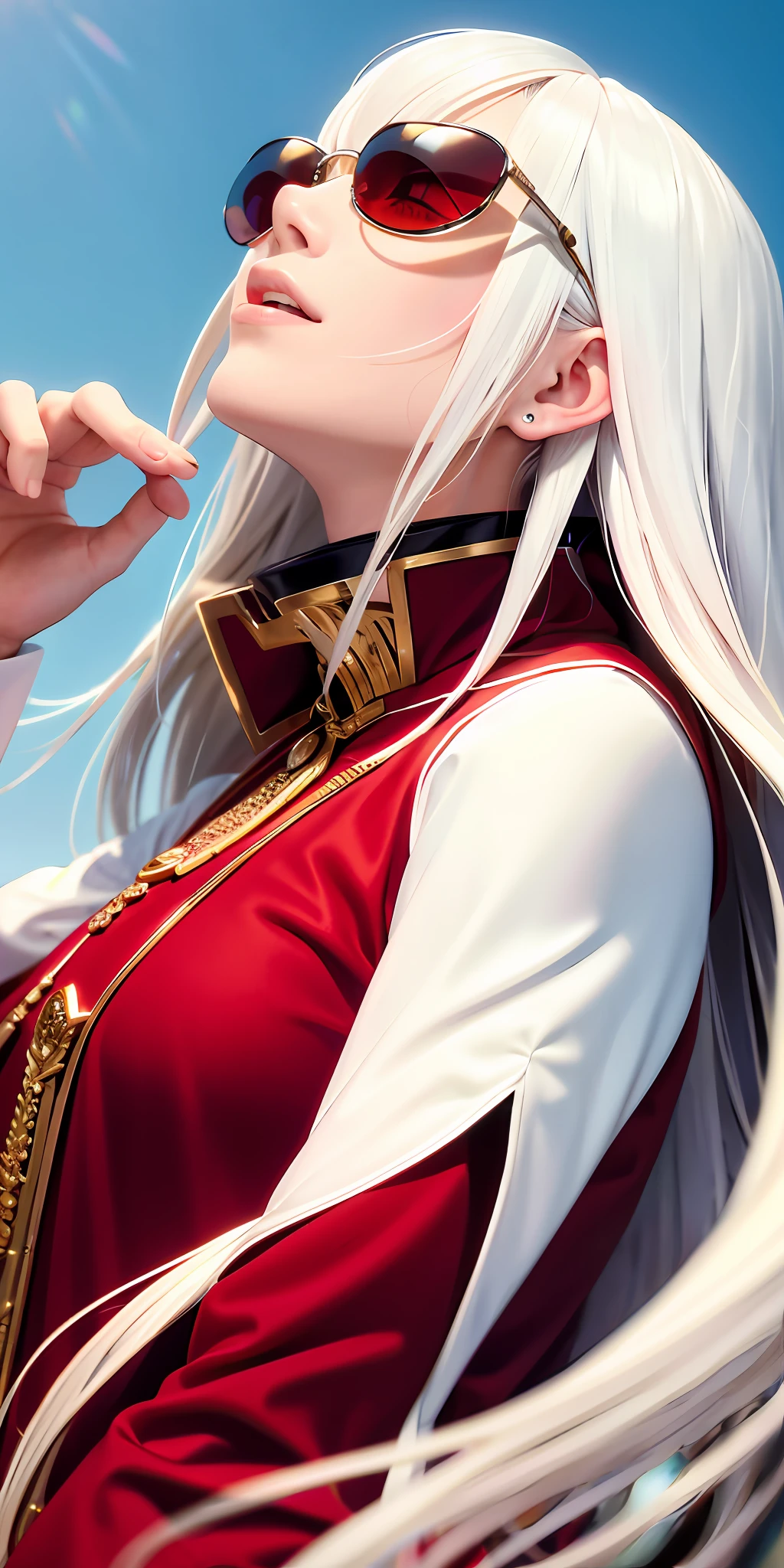 best quality, masterpiece, white hair, sunglasses, red capelet, looking up, upper body, long hair, fair skin, androgynous