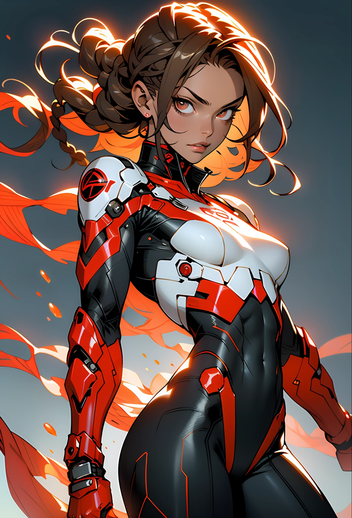 Solo, 1female, stron, toned abs, hair with side braids, red eyes, light brown skin, Greek) wearing a witchblade suit, armpit. ((masterpiece), best quality, ultra high resolution), warrior