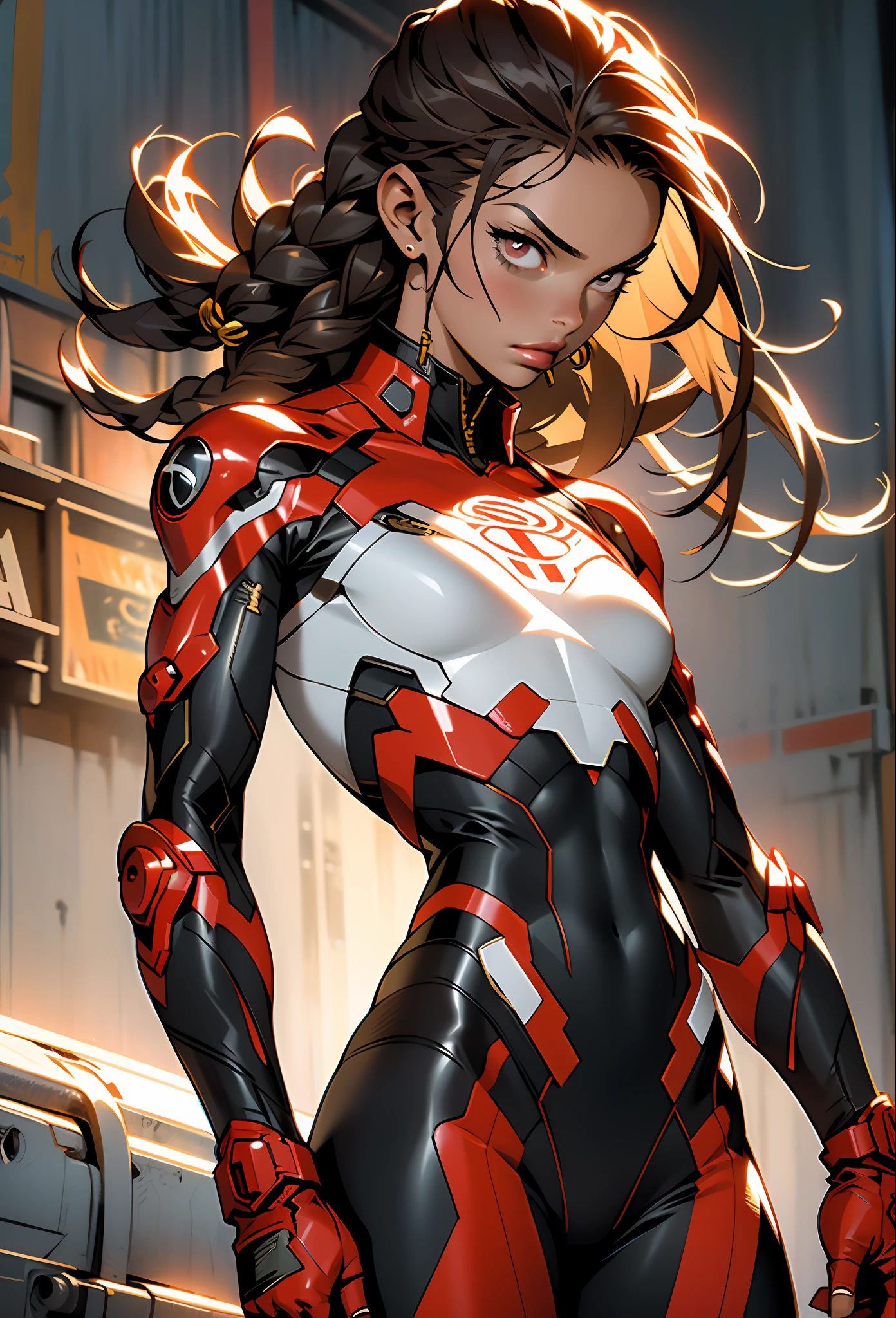 Solo, 1female, stron, toned abs, hair with side braids, red eyes, light brown skin, Greek) wearing a witchblade suit, armpit. ((masterpiece), best quality, ultra high resolution), warrior