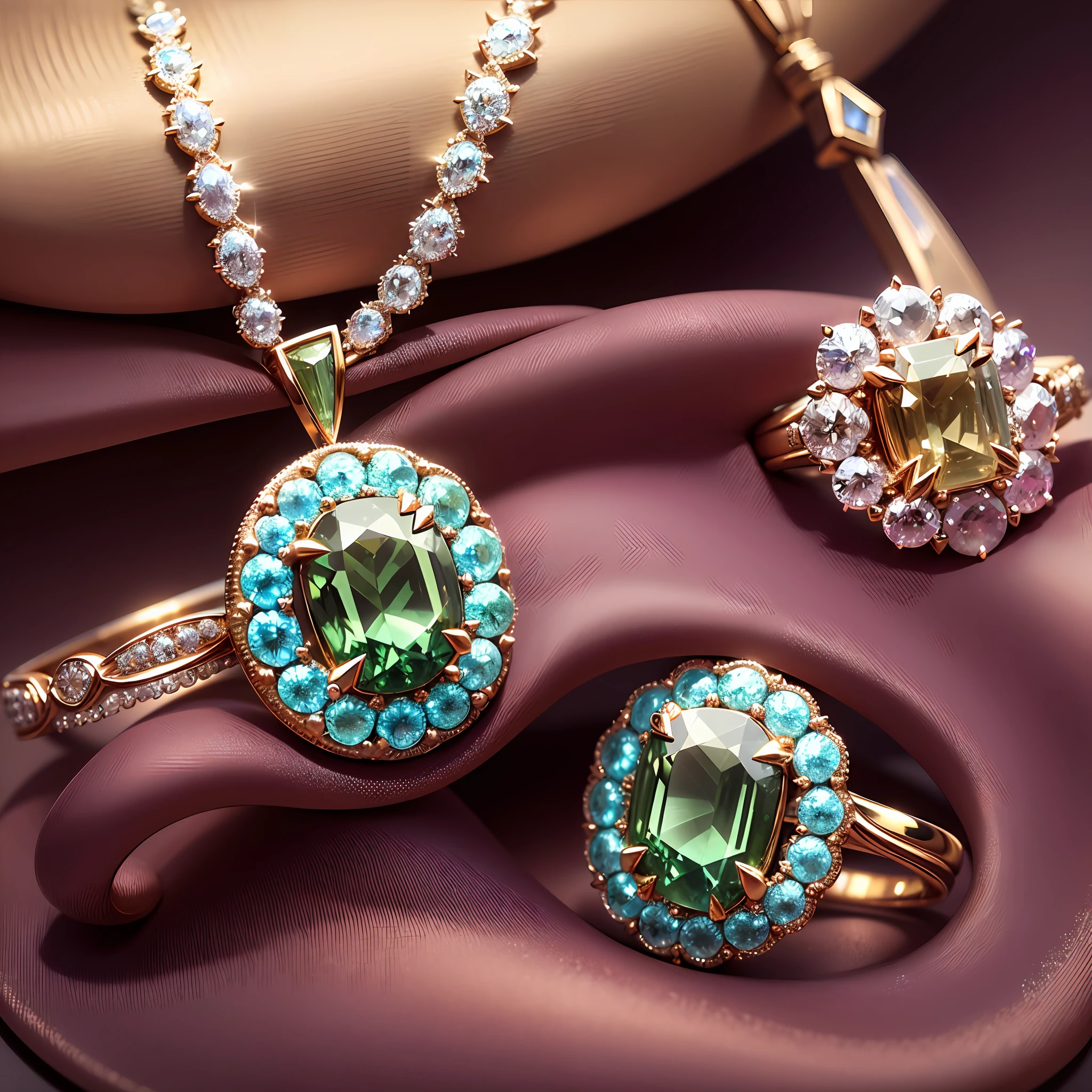 (8k, RAW photos, highest quality, masterpiece: 1.7). (Realistic, realistic: 1.9). Complete set of diamond jewelry set, diamond necklace, tourmaline ring, diamond earring, real, ultra-real, photo, prestigious, expensive, quality, prestige, diamond sparkle, realistic, hyper-realistic, fancy color diamond jewelry --auto --s2