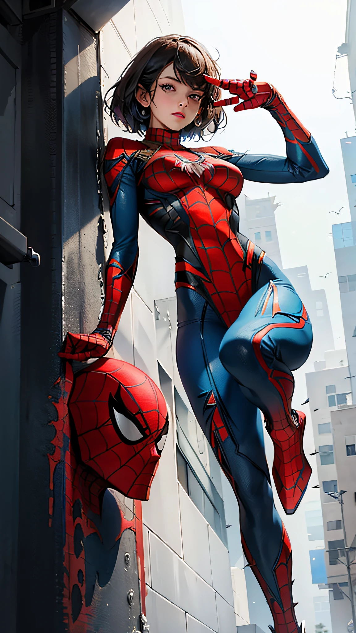 On an aerial carrier, spaceship, battle, beautiful woman with a well-defined body using Spider-Man role-playing, medium breasts