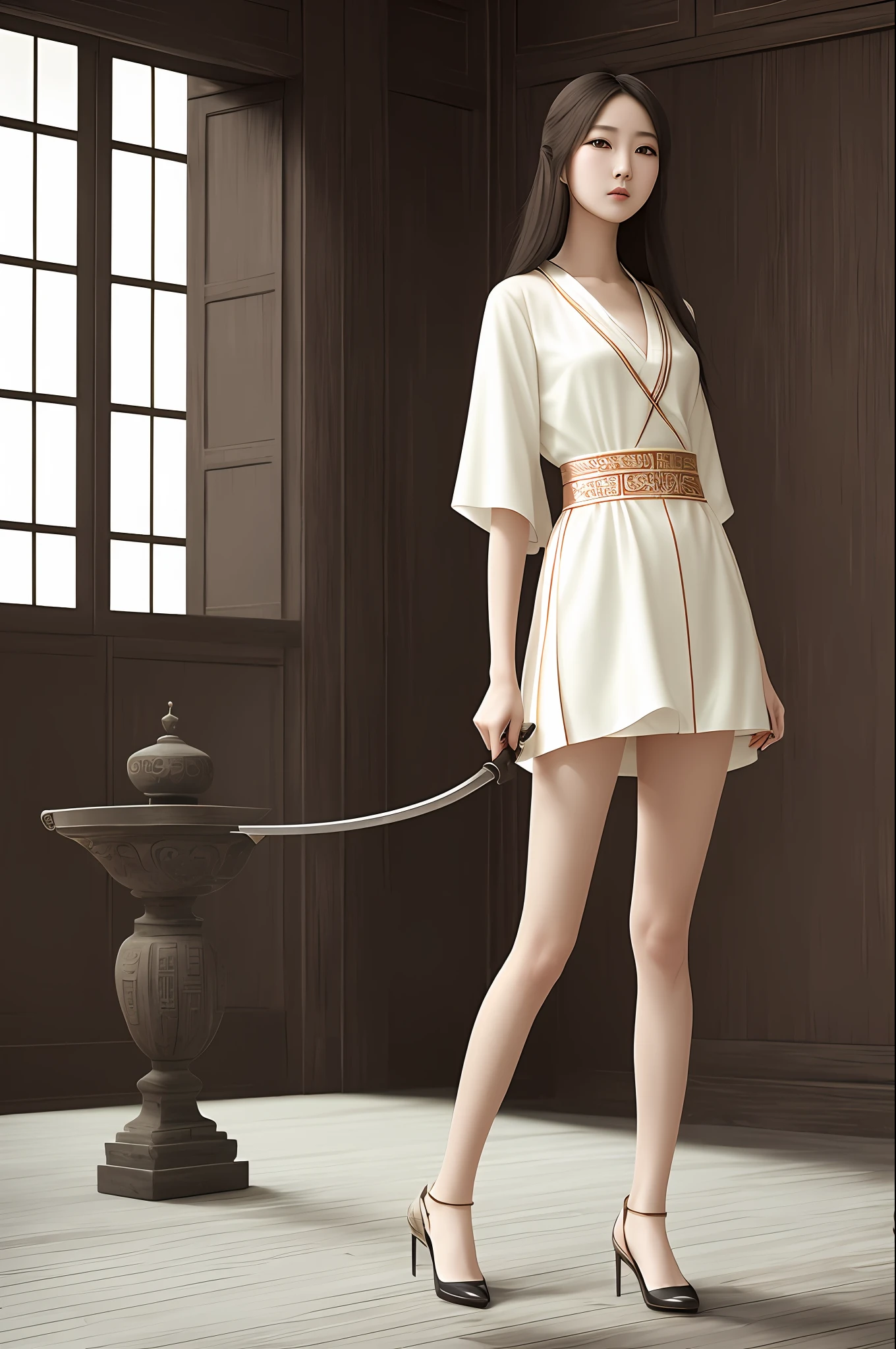 1 girl, BDSM, long hair, delicate face, high nose bridge, makeup effect, weapon in hand, full body, short skirt robe, long legs, slender body, ancient Chinese architecture, 8k, realism style, high definition, high detail