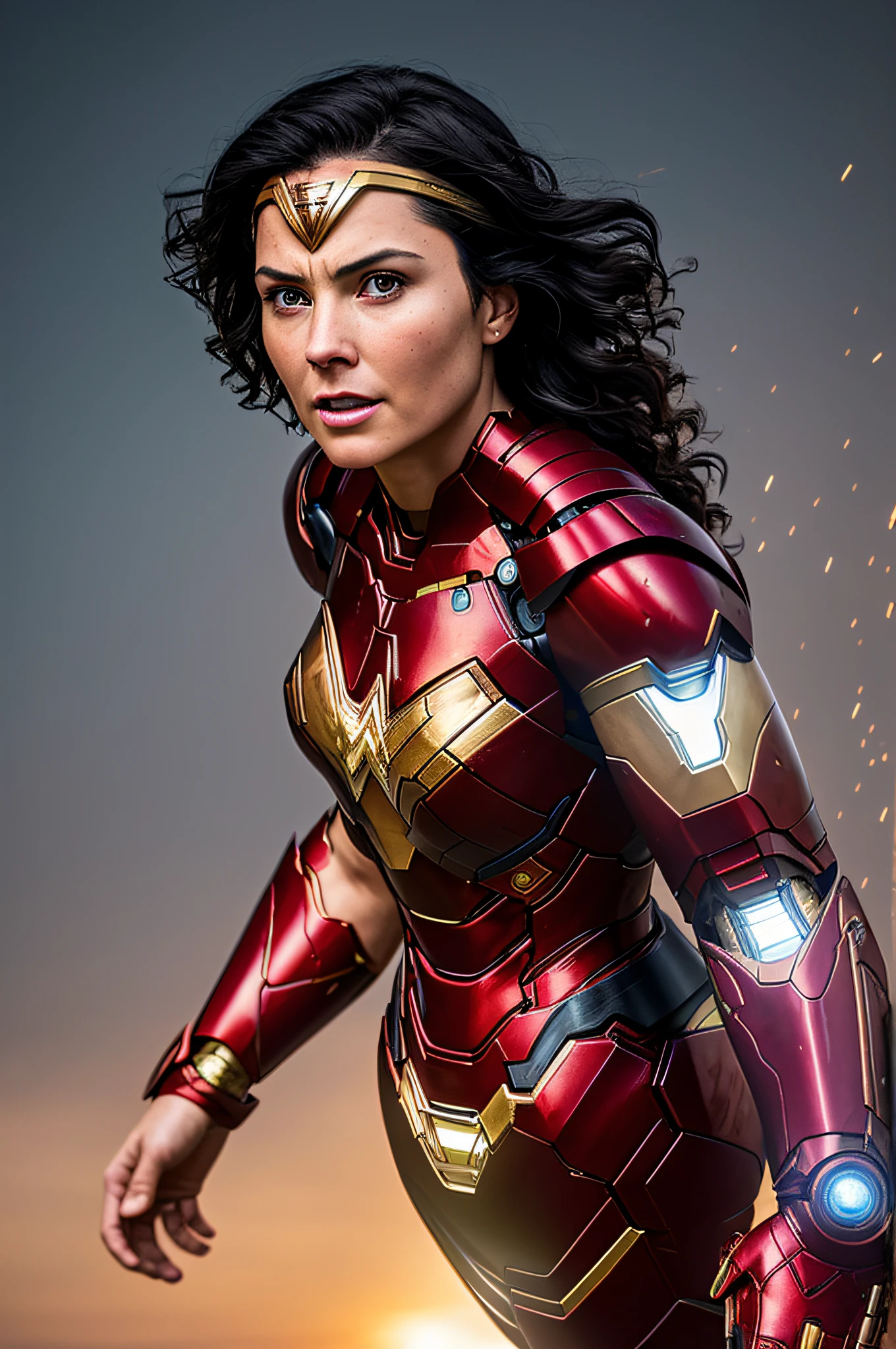 woman 35 years ,straight short black hair, in iron man costume, night, soft lighting, in battle, expressive, dust, movement, dynamic angle, realistic lighting, background of the movie scene Wonder Woman, photo by Brooke DiDonato, (natural skin texture, hyperrealism, soft light, sharp: 1.2), (complex details: 1.12), hdr masterpiece, best quality, (highly detailed photo: 1.1),  8k, photorealistic, (SFW),