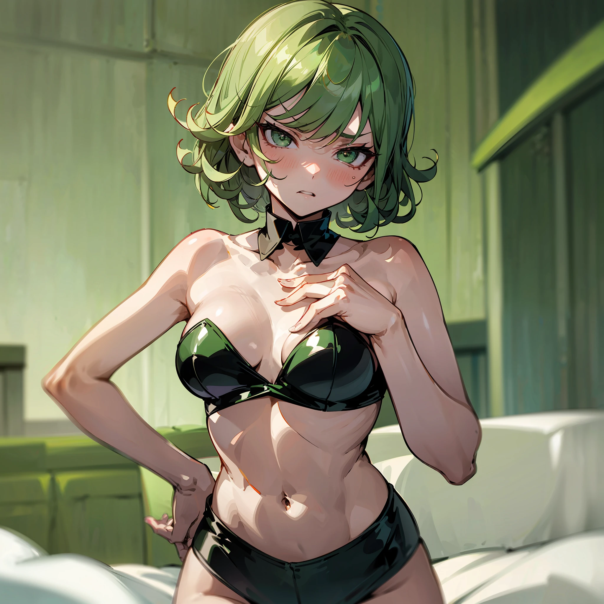 Tatsumaki, staring at the viewer, angry, blushing, attack pose, short hair, bangs, green eyes, detailed eyes, collarbone, thighs, small breasts, half-open lips, green hair, playboy bunny, cowboy shot, hands on hips, on the bed --auto --s2