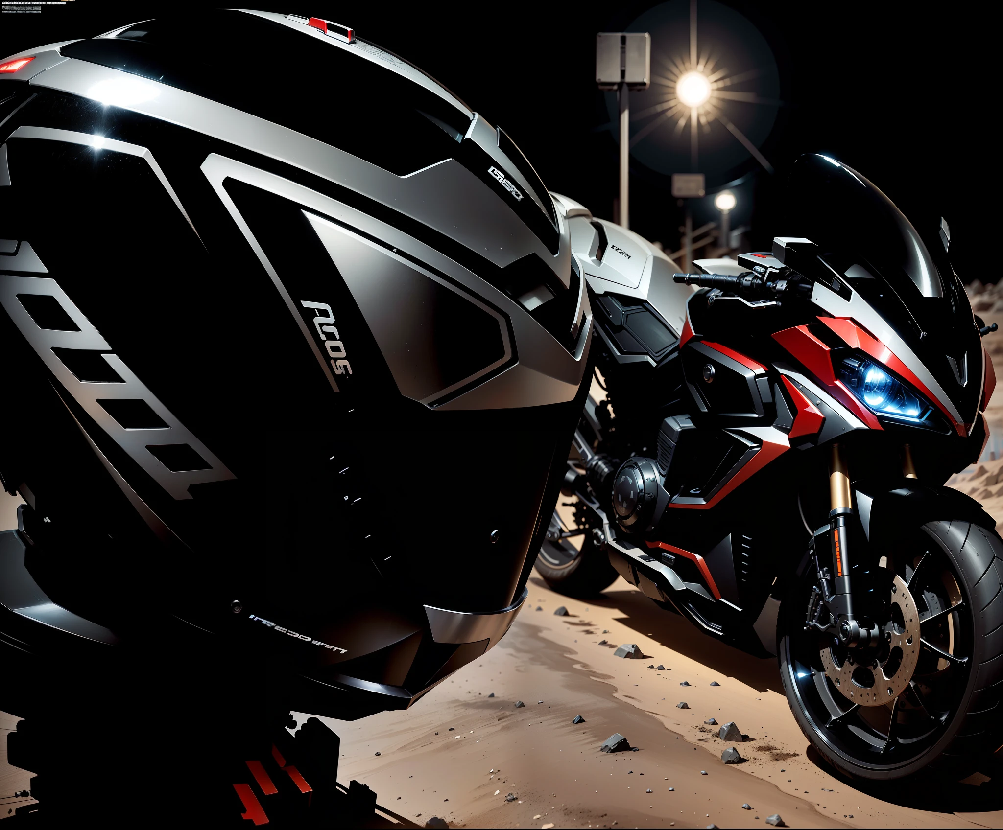 CyberTech Helmet & CyberTech Mechanical Motorcycle, Nousr, Biomechanics, MSHN Robot Man, High-Tech Helmet, Surreal, Steel, Intricate Design, Crazy Detail, Fine Detail, Extremely Clear Lines, Cinematic Lighting, Photo Realistic, Detailed Masterpiece