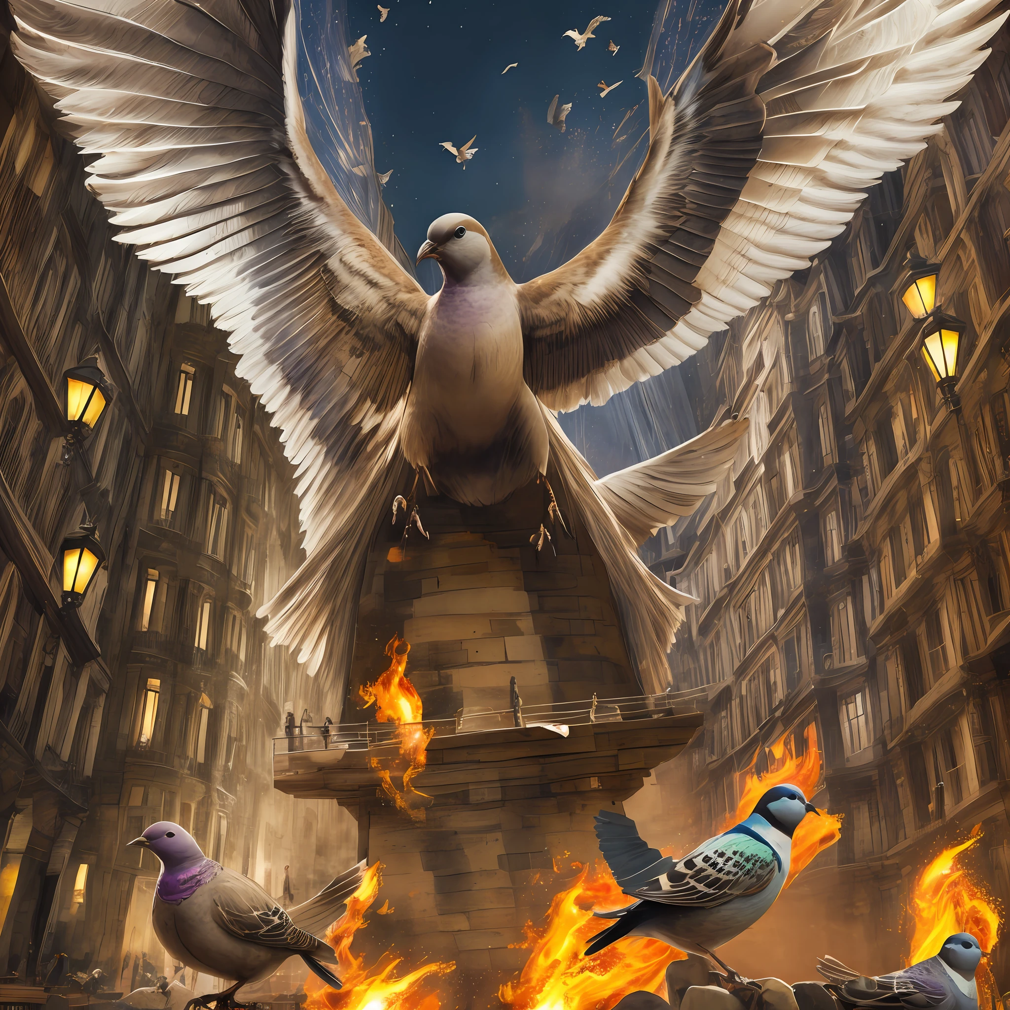 Pigeons, sparrows, with cloths tied to their feet, catching fire, flying, night sky, good picture --auto --s2