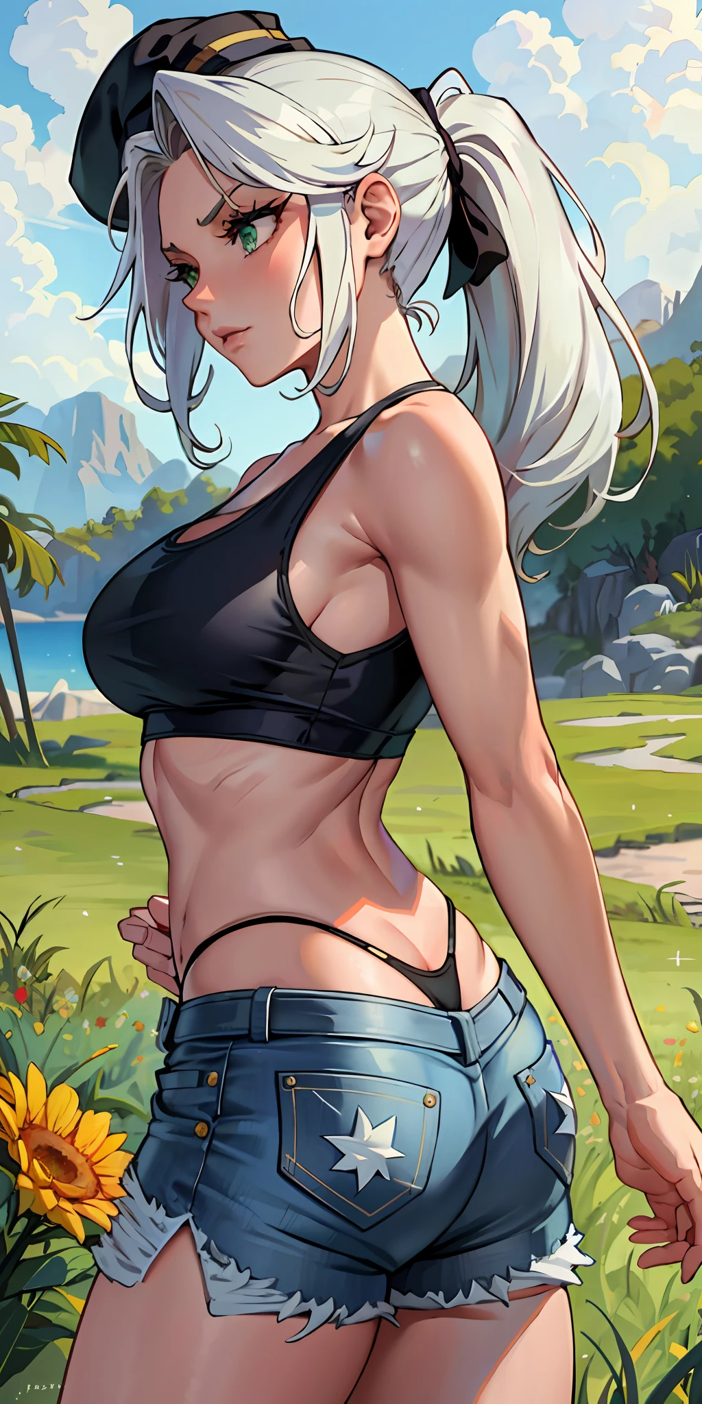 beautiful, (masterpiece: 1.3), (best quality: 1.3), perfect green eyes, perfect face, intricate details, diffuse lighting, 1girl, ass, back, chest on back, beanie, black panties, breasts, white hair, short top, cutoffs, jeans, jeans shorts, facing away, back, cap, high leg, high leg panties, long hair, medium groove, large breasts, microshorts, panties, ponytail, short shorts,  shorts, sideboob, sinister bottom, solo, tank top, thighs, thong, underboob, underwear, field, grass, runway, huge ass, wide hips, arms at the side