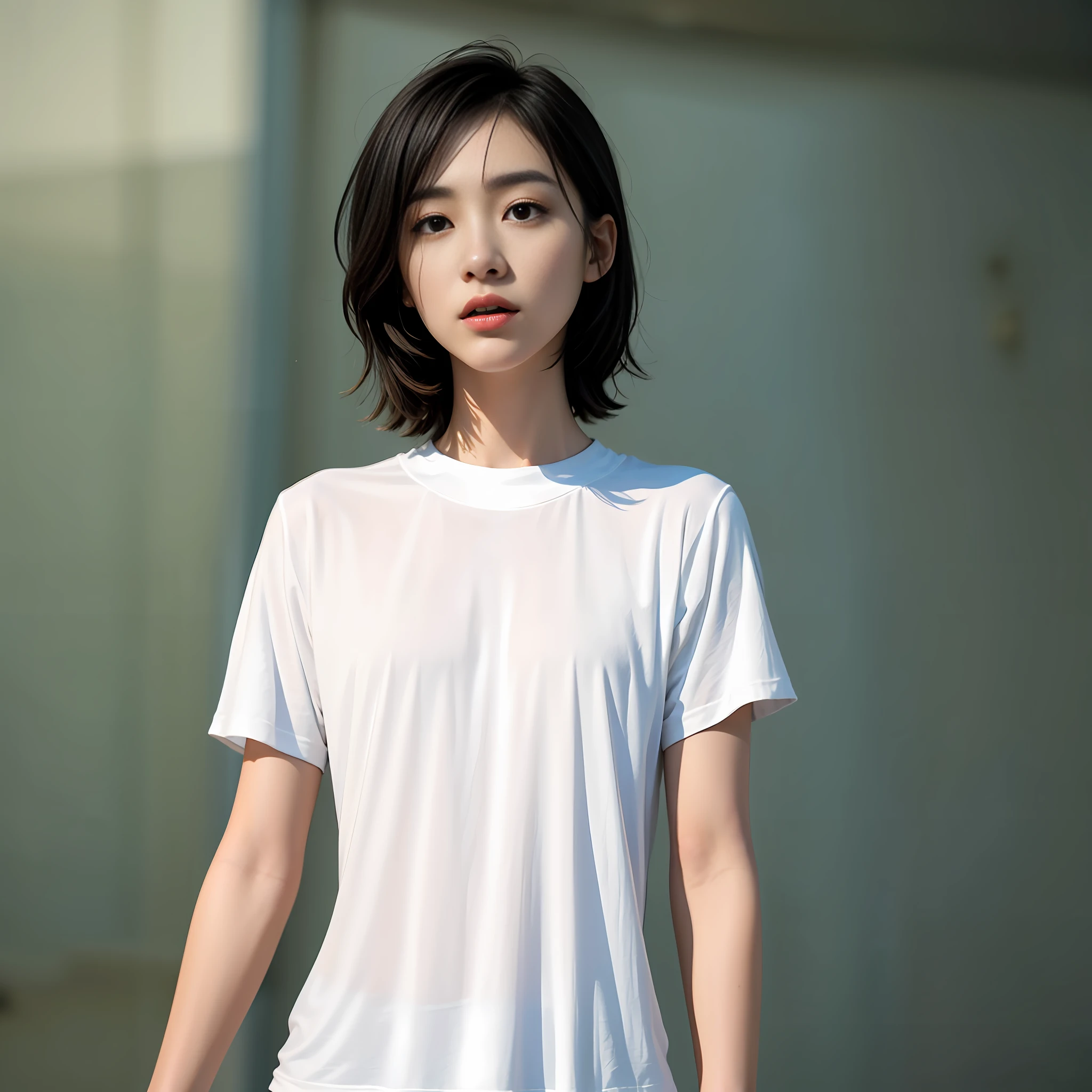 White plain sports t-shirt, plain dry t-shirt, basketball court, detailed skin texture, facing front, high resolution, full body, t-shirt length is normal, plain t-shirt without logo, single, middle hair, beautiful hair, detailed texture of t-shirt