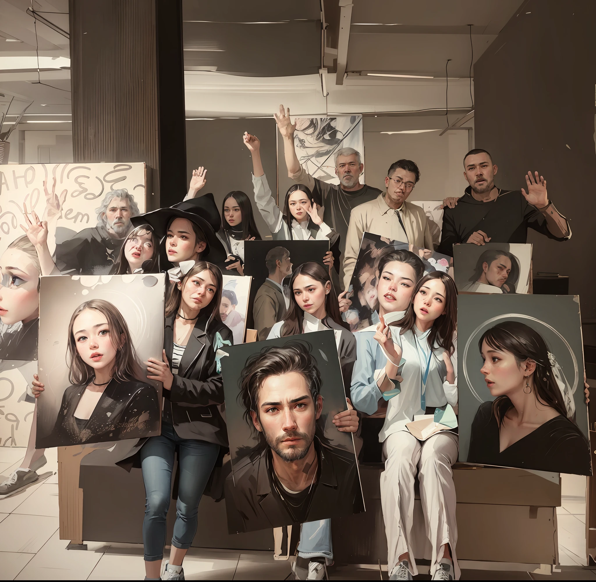 several people holding up pictures of a man and woman, realism art style, realism painting, beautiful painting of friends, realism art, painitng, art portrait, high quality portrait, art school, portrait art, artststion, realistic art, realism style, portrait painting, nft portrait, artists portrait, realistic artwork, large portrait, realist painting, realism artstyle