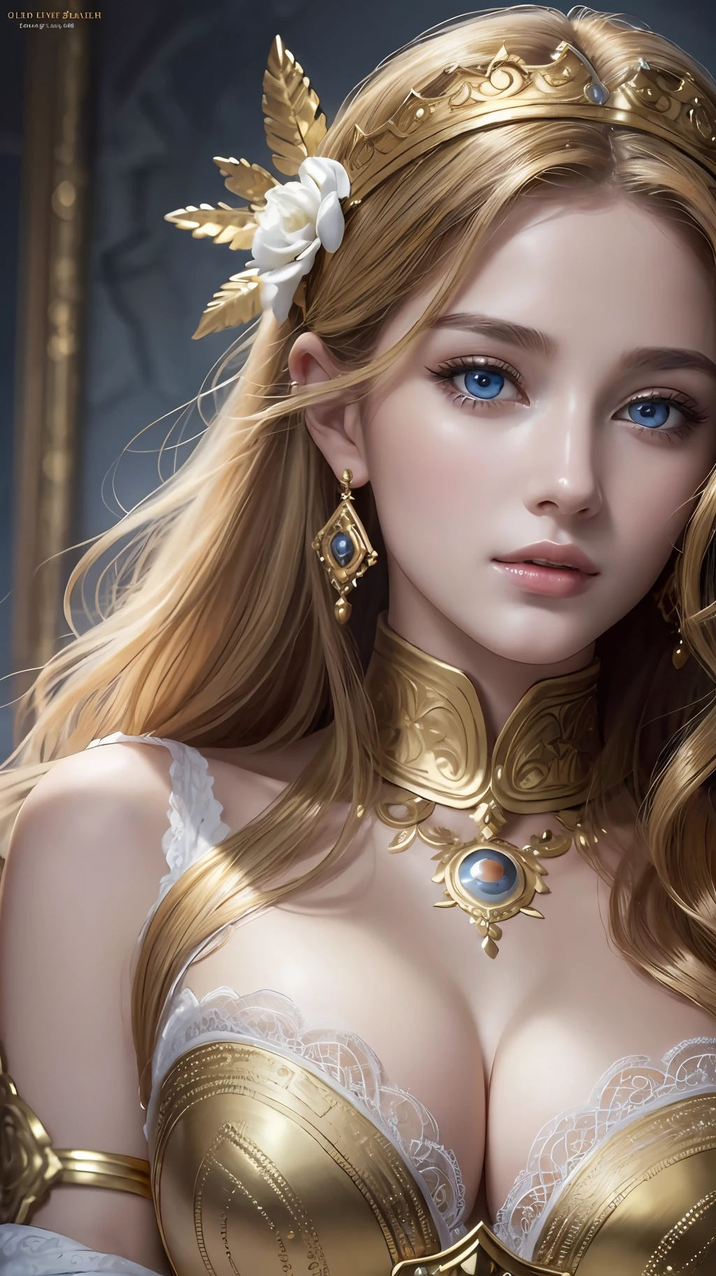 ( Absurd, High quality, ultra-detailed, masterpiece, concept art, smooth, highly detailed artwork, hyper-realistic painting )beautiful eyes(eyes detailed), Greek mythology, Helen of Sparta, princess Helen, the most beautiful woman in the world, beauty was extraordinary, enchanting, with radiant features and a flawless complexion, lovely, mesmerizing eyes that held a magnetic charm, drawing people towards her, Golden hair color, cascading down her shoulders in waves, her beauty became a source of conflict and tragedy, Whole body, lace lingerie