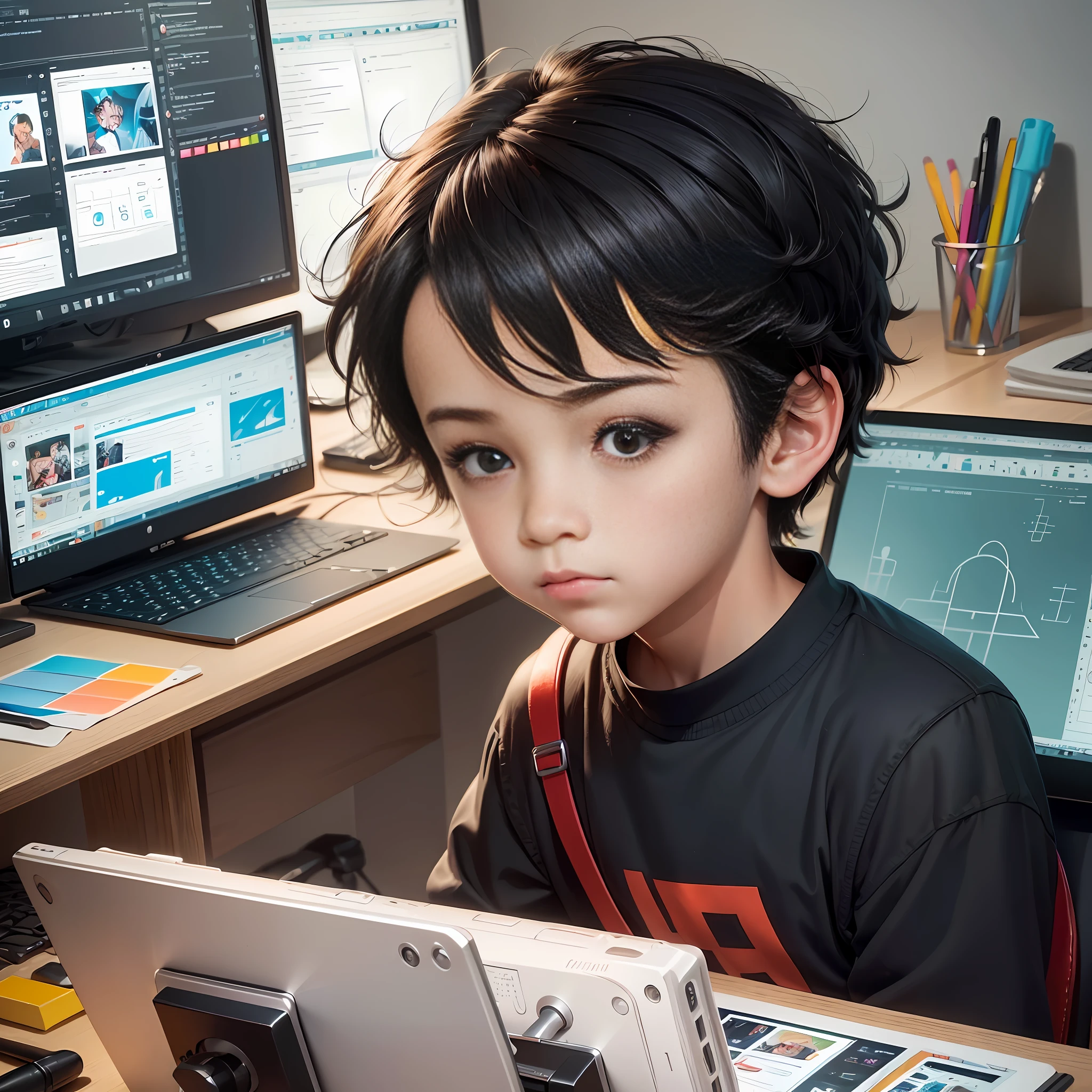 ((Best Quality)), ((Professional)), (detailed), cute and firm cartoon portrait, a little boy designer, clean face, black eyes, (Focus on computer work: 1.1), (Inspired and thoughtful expression: 1.3), (Stylized description of design tools: 1.2), vibrant and bright color scheme, digital illustration