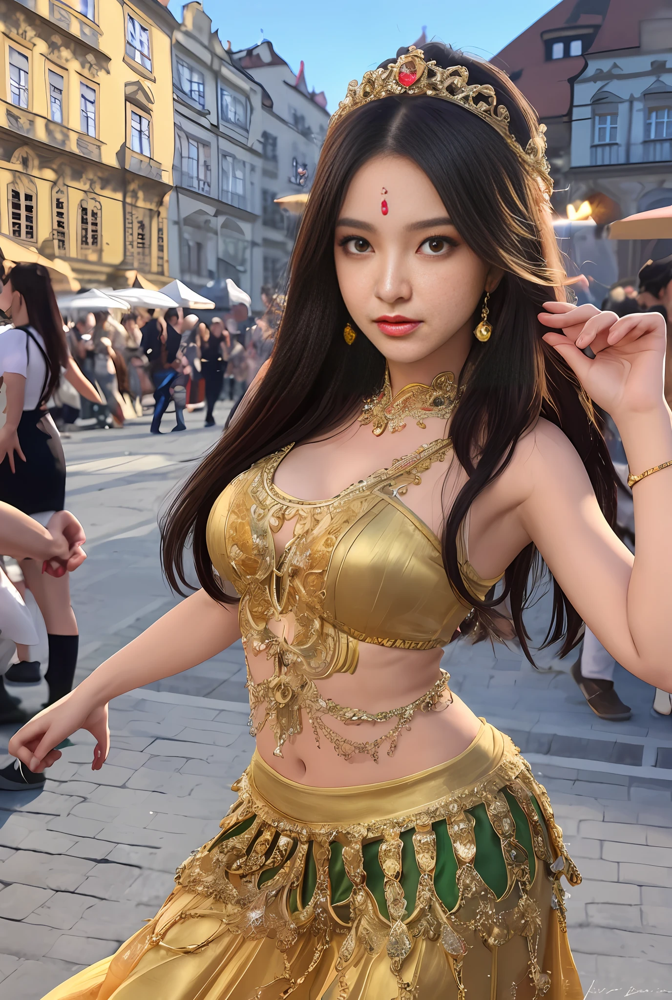 (masterpiece, best quality, realistic),
1girl,Prague Old Town Square background, gypsy dress, dancing, intricate dress,(princess eyes,shiny pupils), gold, gypsy person, banquet, crowd, picking up skirt,pale skin,
[slight smile],