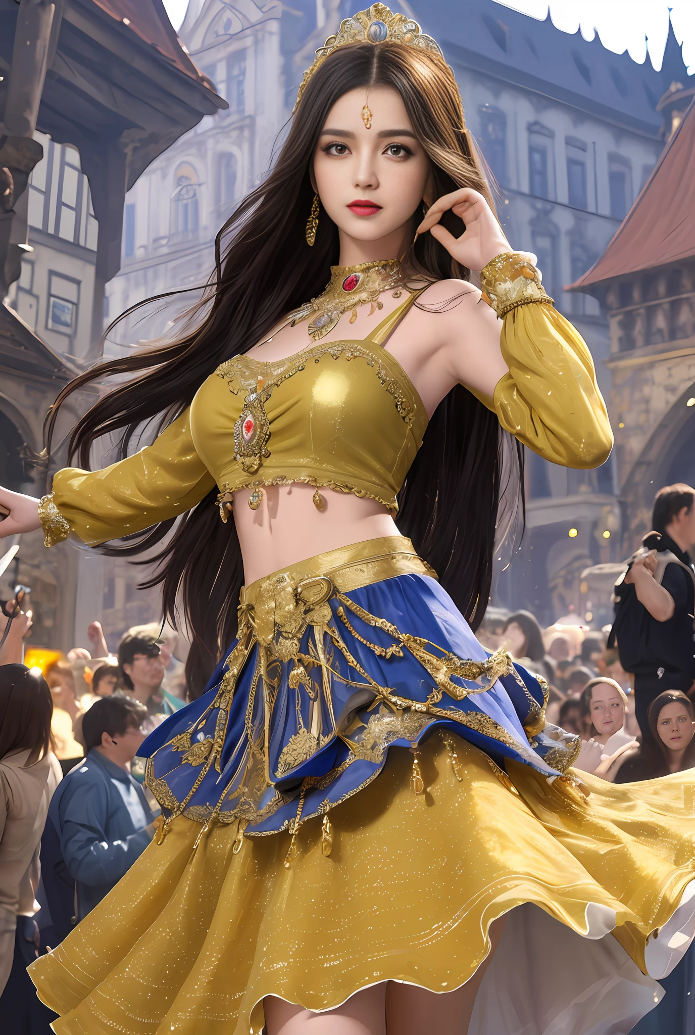 (masterpiece, best quality, realistic),
1girl,Prague Old Town Square background, gypsy dress, dancing, intricate dress,(princess eyes,shiny pupils), gold, gypsy person, banquet, crowd, picking up skirt,pale skin,
[slight smile],