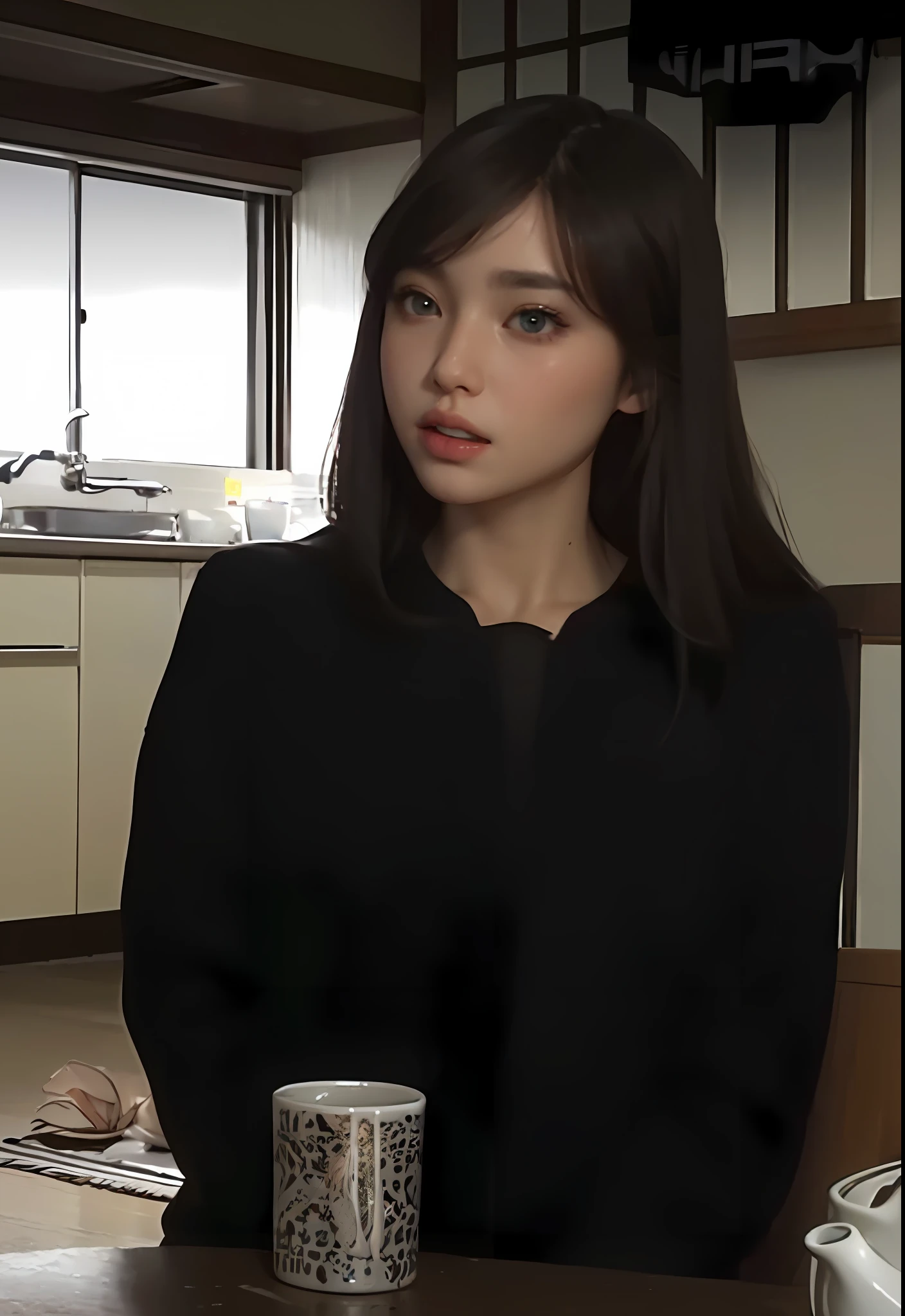 (hyperrealistic), (illustration), (high resolution), (8K), (extremely detailed), (best illustration), (beautiful detailed eyes), (best quality), (super detailed), (masterpiece), (wallpaper), (detailed face), solo, (dynamic pose), 1 girl, white wavy hair on the chair, korean, heterochromic eyes, small moles under the eyes, ((short apron)), medium breasts, long legs, tightens abs, (camel toes), (no panties), (no bra)
